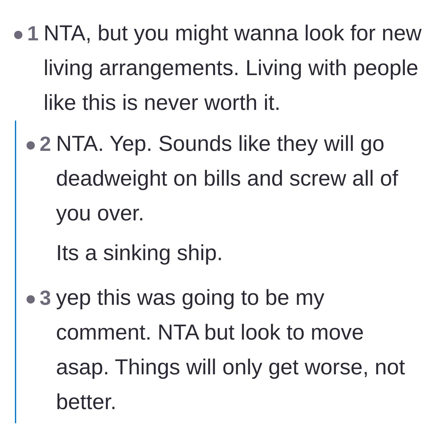 Comment thread 5 - Warnings from users urging the main character to move out immediately before the situation worsens.