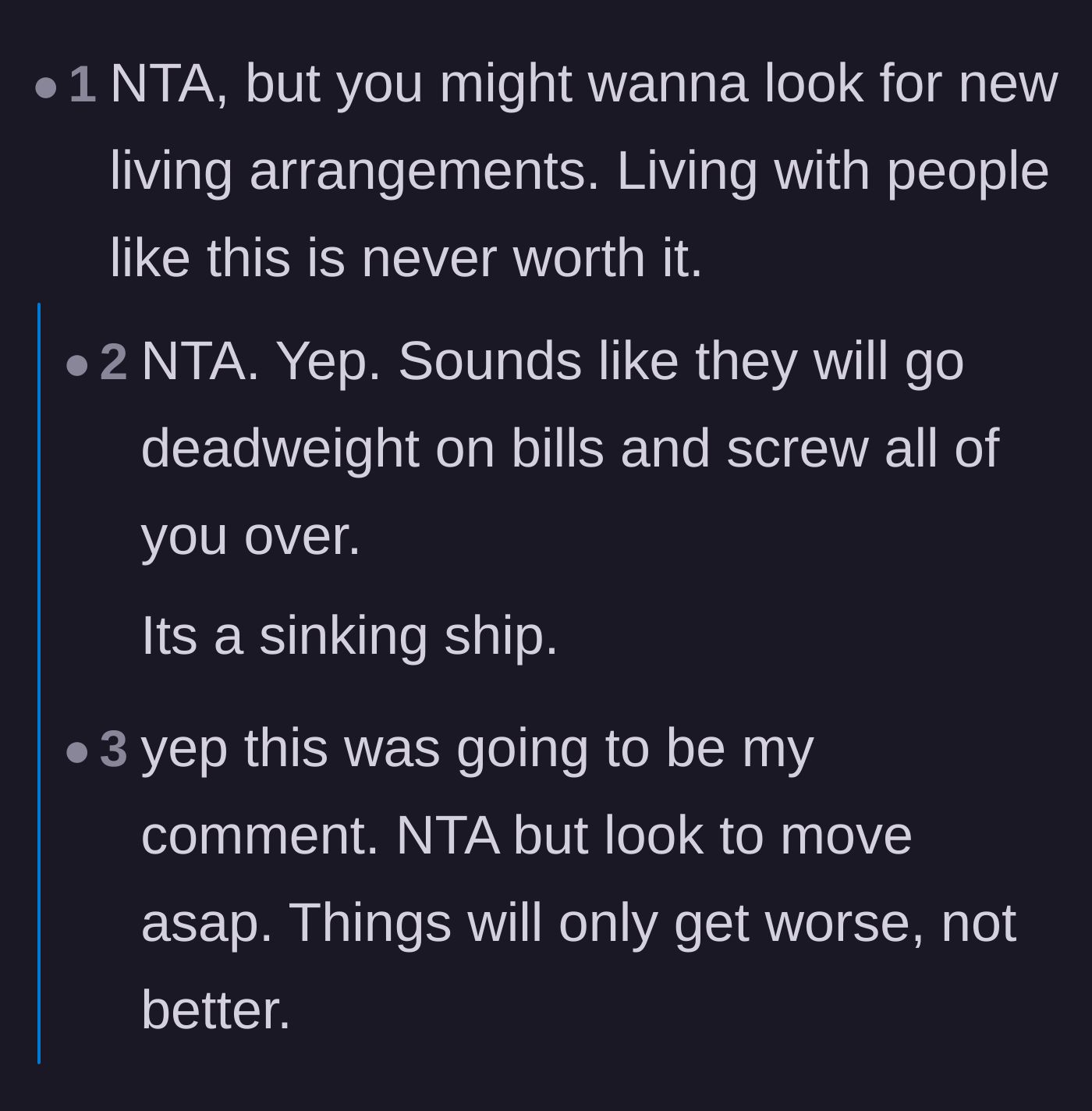 Comment thread 5 - Warnings from users urging the main character to move out immediately before the situation worsens.