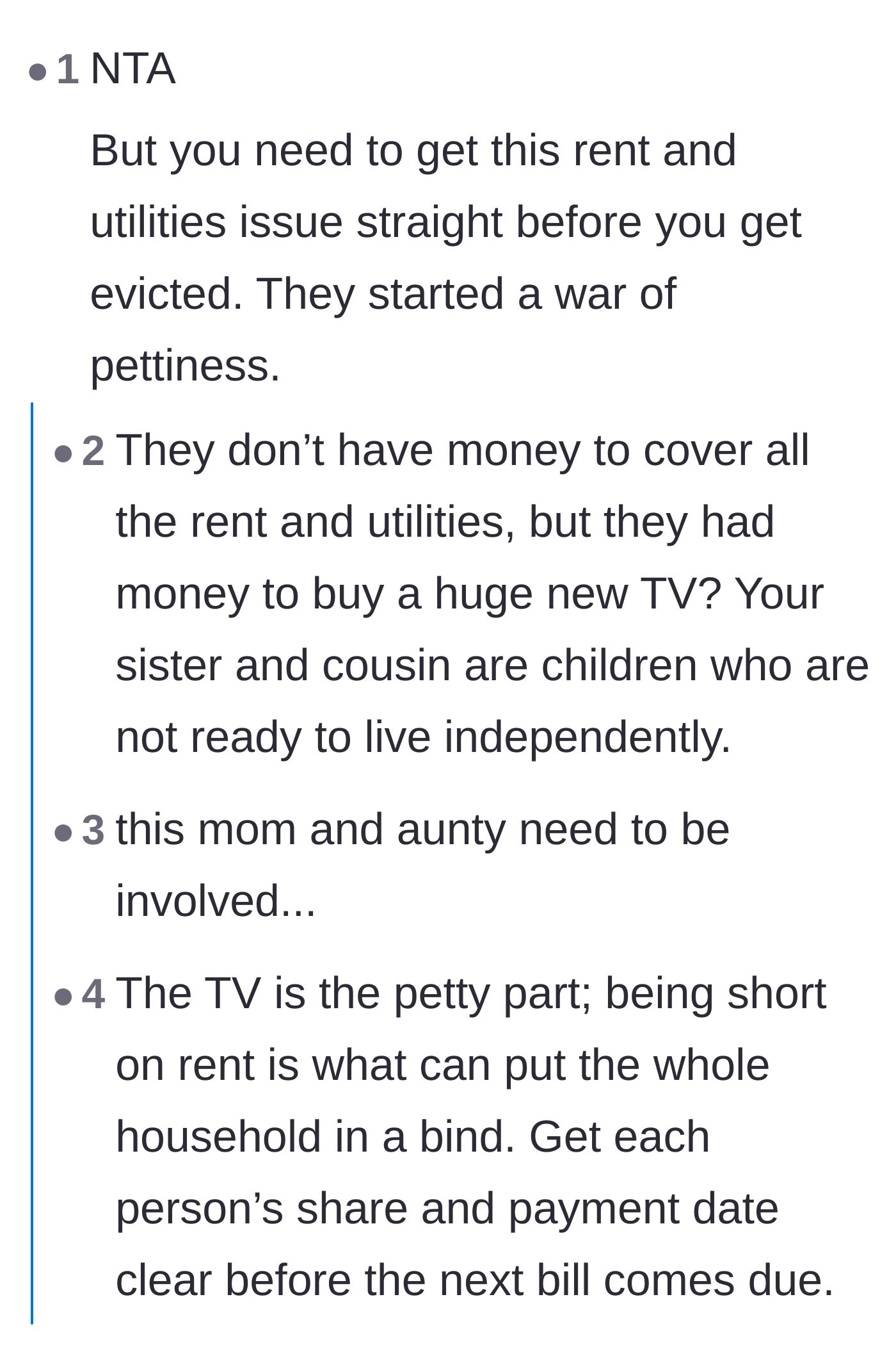 Comment thread 6 - A practical warning to prioritize sorting out the rent money before the petty fights lead to an eviction.