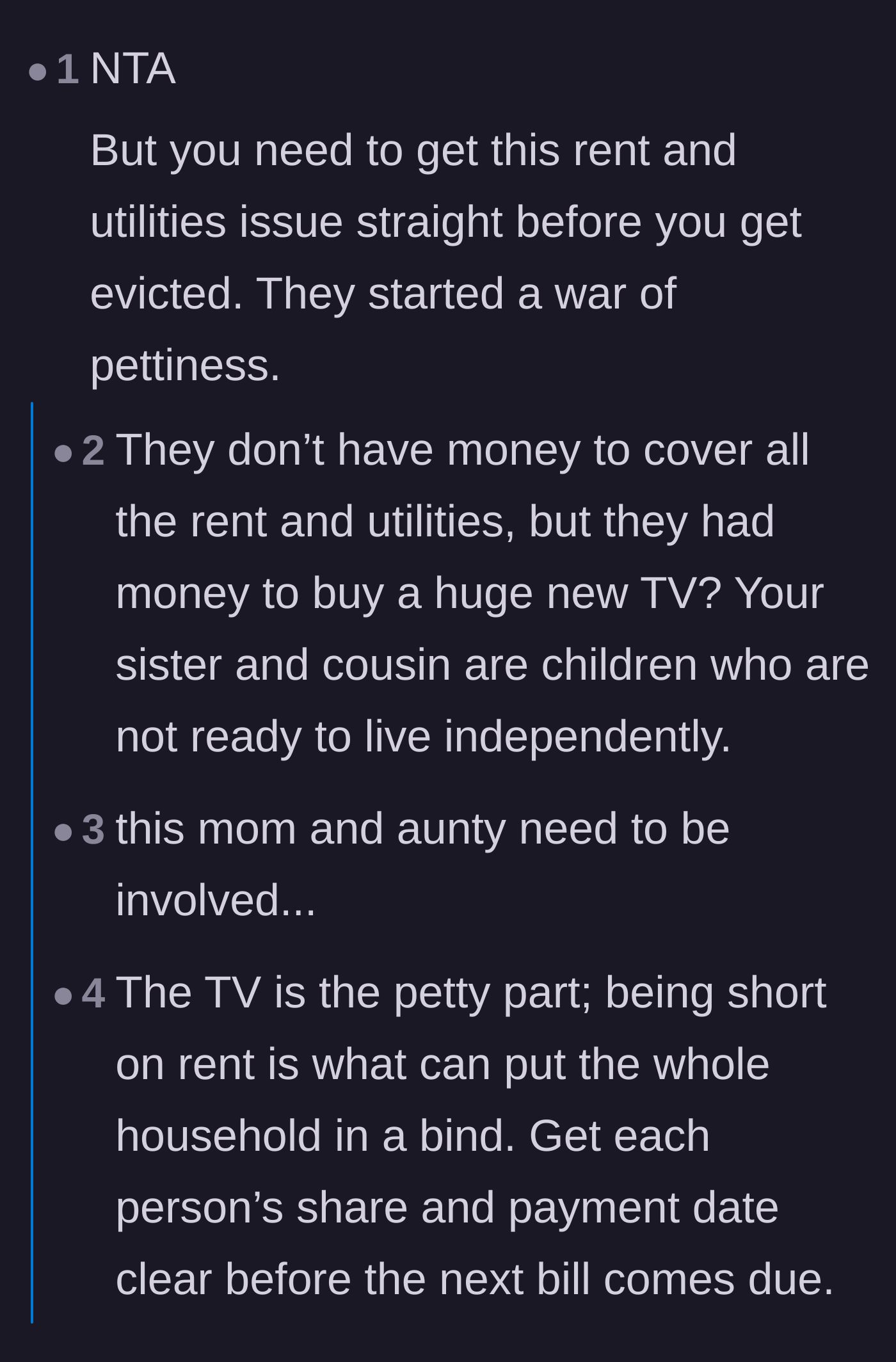 Comment thread 6 - A practical warning to prioritize sorting out the rent money before the petty fights lead to an eviction.