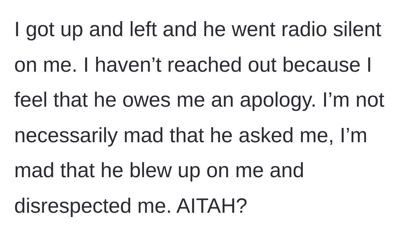 Story part 6 - Main character walks away; Jason gives her the silent treatment, prompting her to ask if she was wrong for being upset.