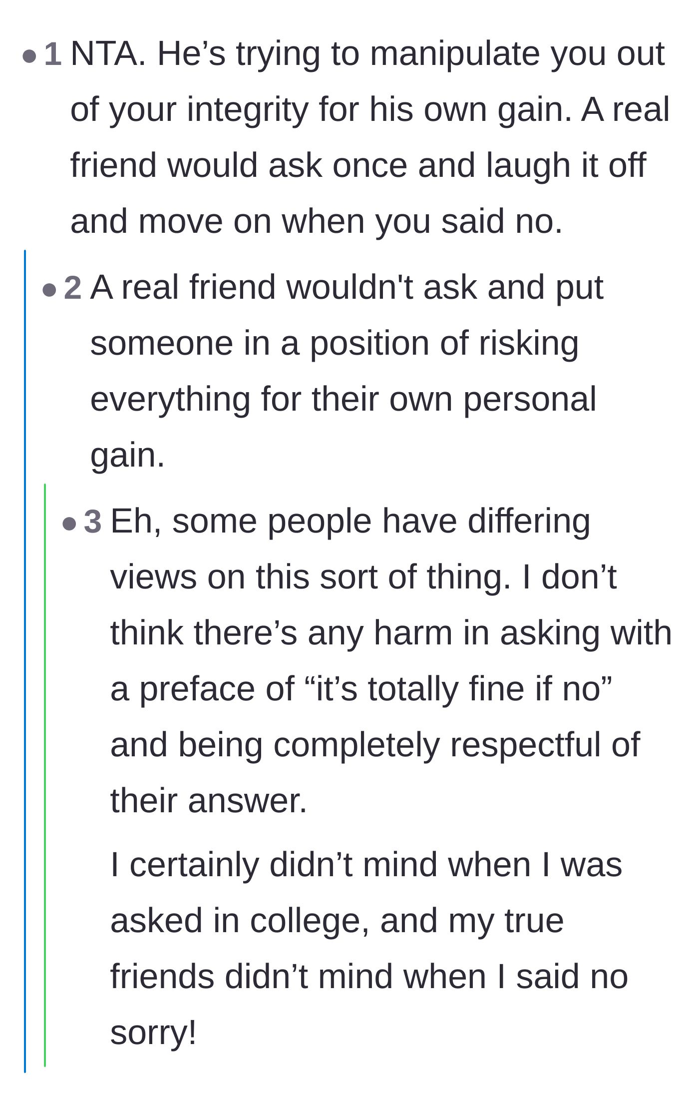 Comment thread 3 - Debate on whether a true friend would even ask for the answers in the first place or accept a 'no' gracefully.