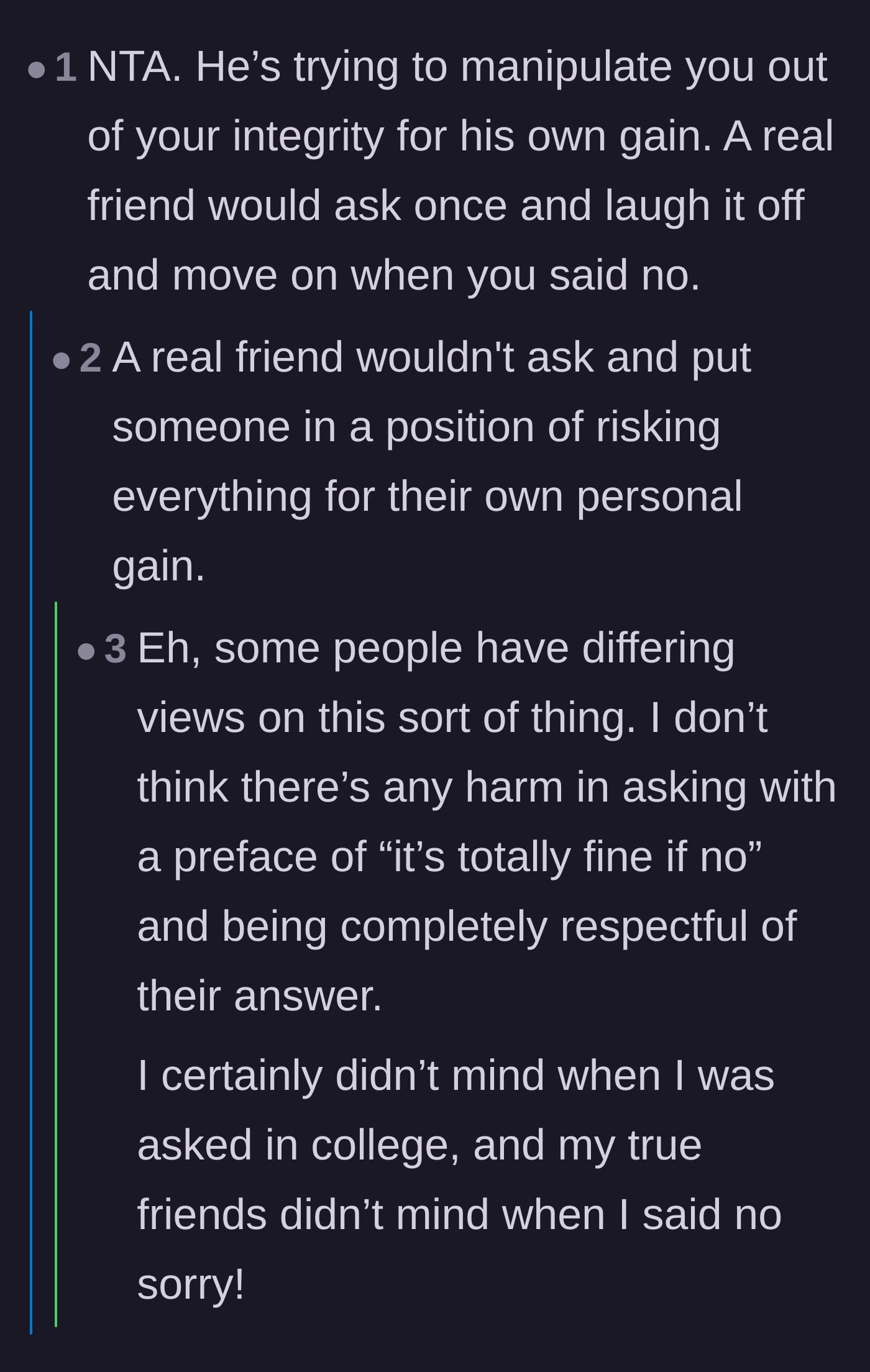 Comment thread 3 - Debate on whether a true friend would even ask for the answers in the first place or accept a 'no' gracefully.