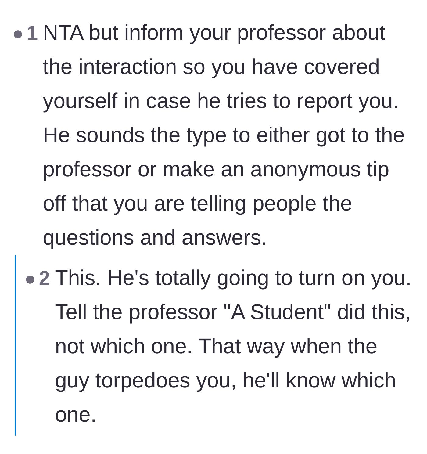 Comment thread 5 - Advice urging the main character to preemptively report the incident to her professor to protect herself from retaliation.