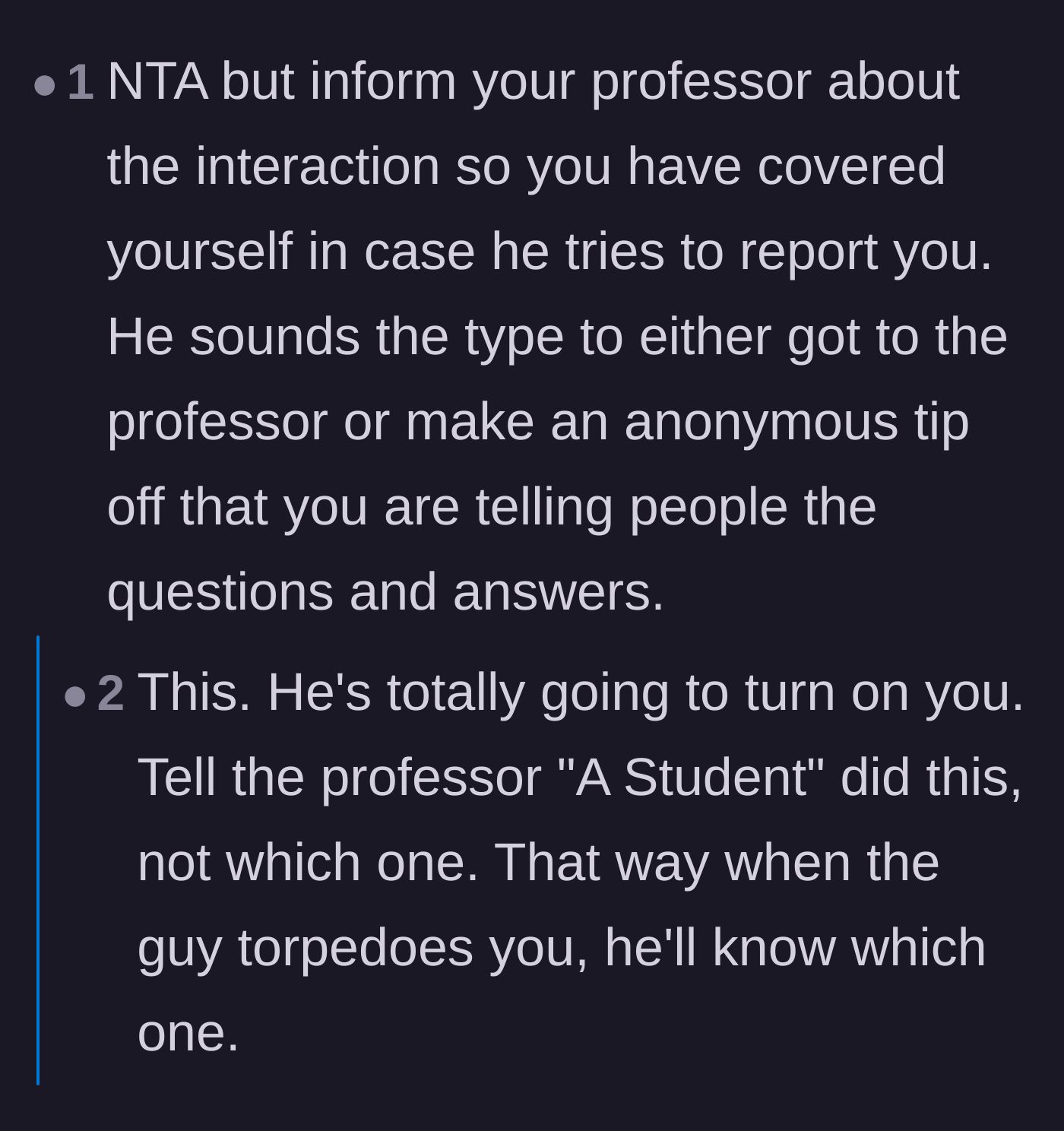 Comment thread 5 - Advice urging the main character to preemptively report the incident to her professor to protect herself from retaliation.
