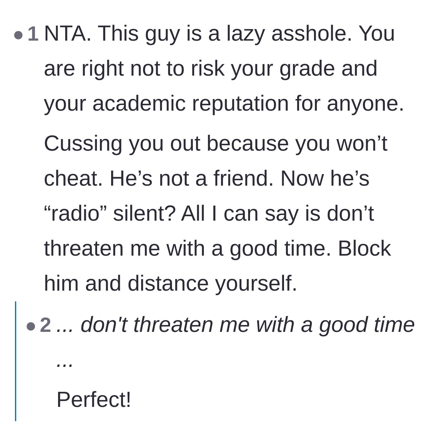 Comment thread 6 - Readers celebrating the fact that Jason gave her the silent treatment.