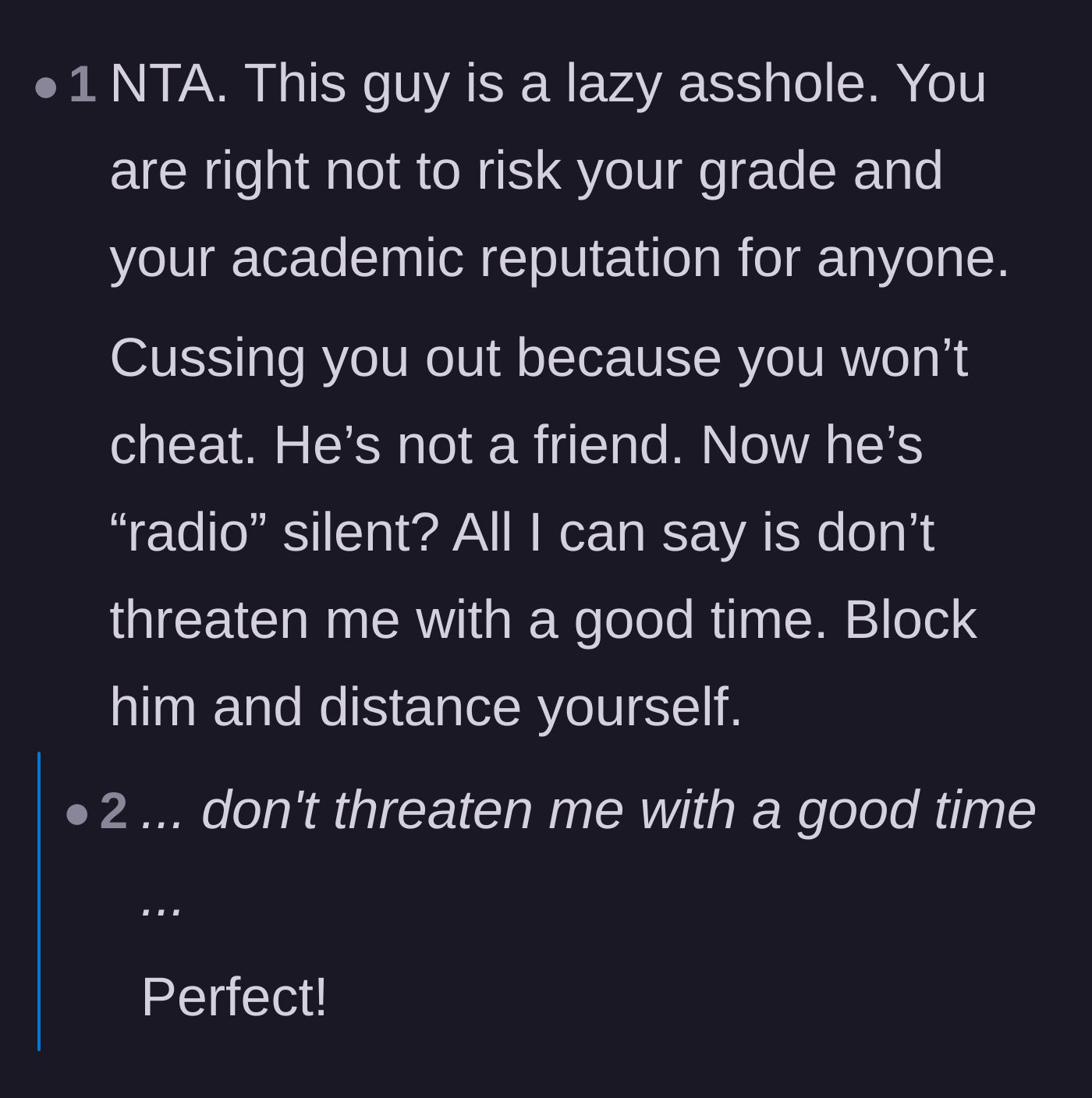Comment thread 6 - Readers celebrating the fact that Jason gave her the silent treatment.