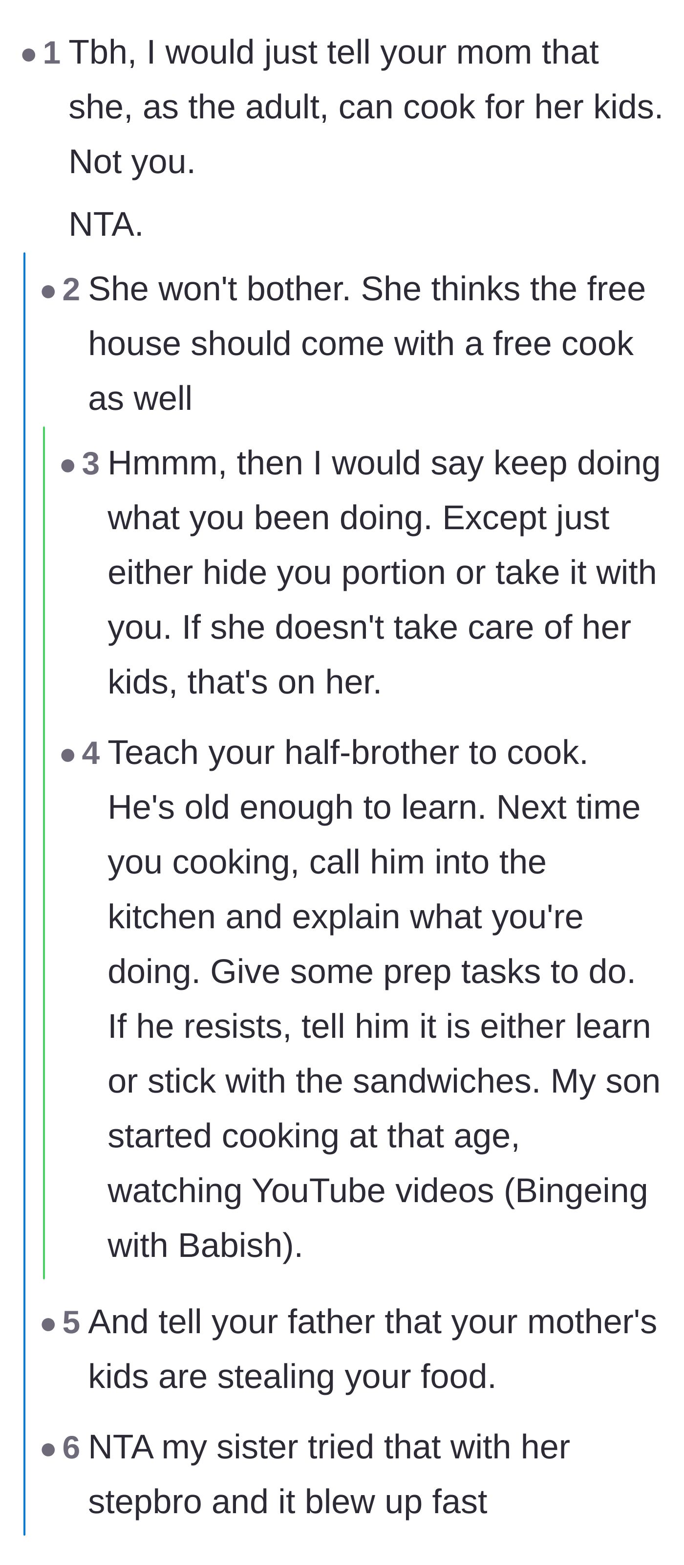 Comment thread 1 - Readers debating whether the teen should teach her brother to cook or just hide her meals from her lazy mother.