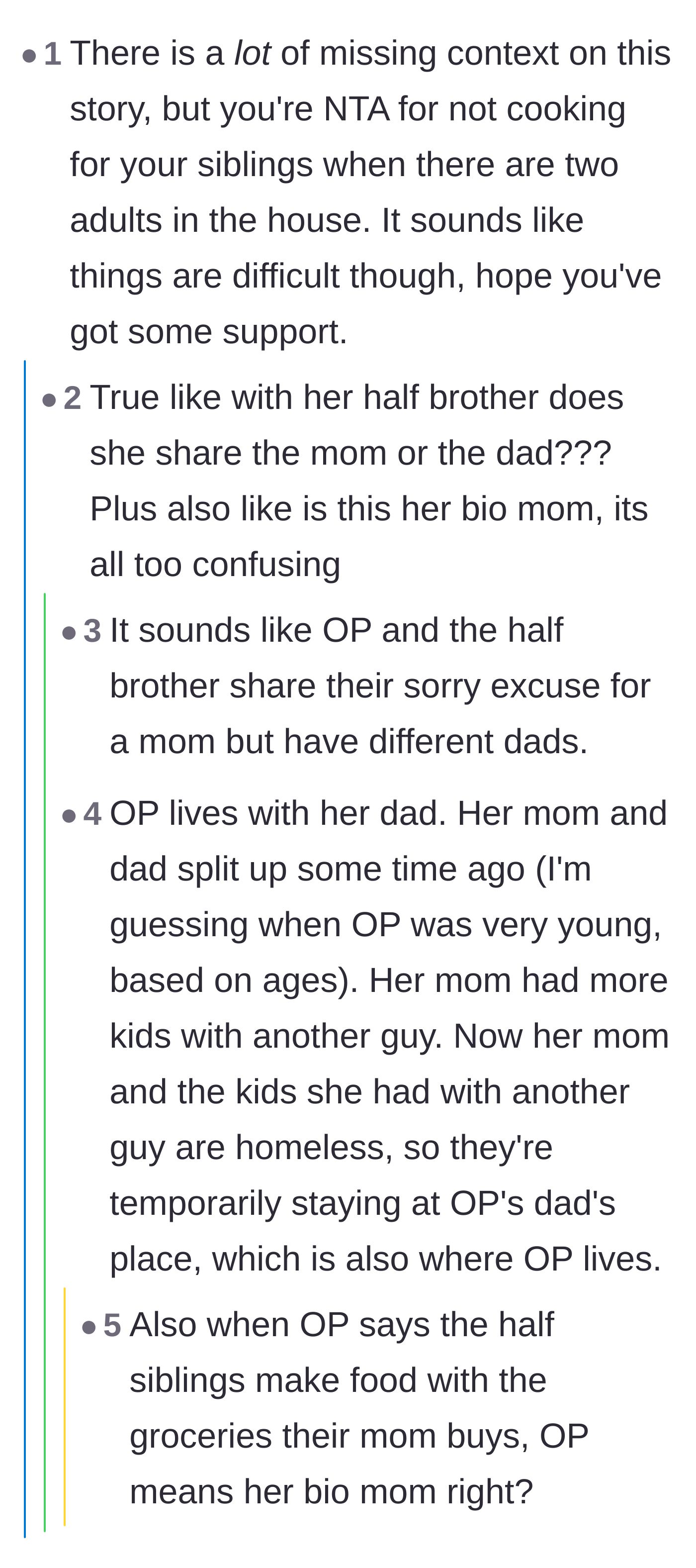 Comment thread 2 - A discussion clarifying the messy family dynamics, noting that the homeless mother and half-siblings are staying at the dad's house.
