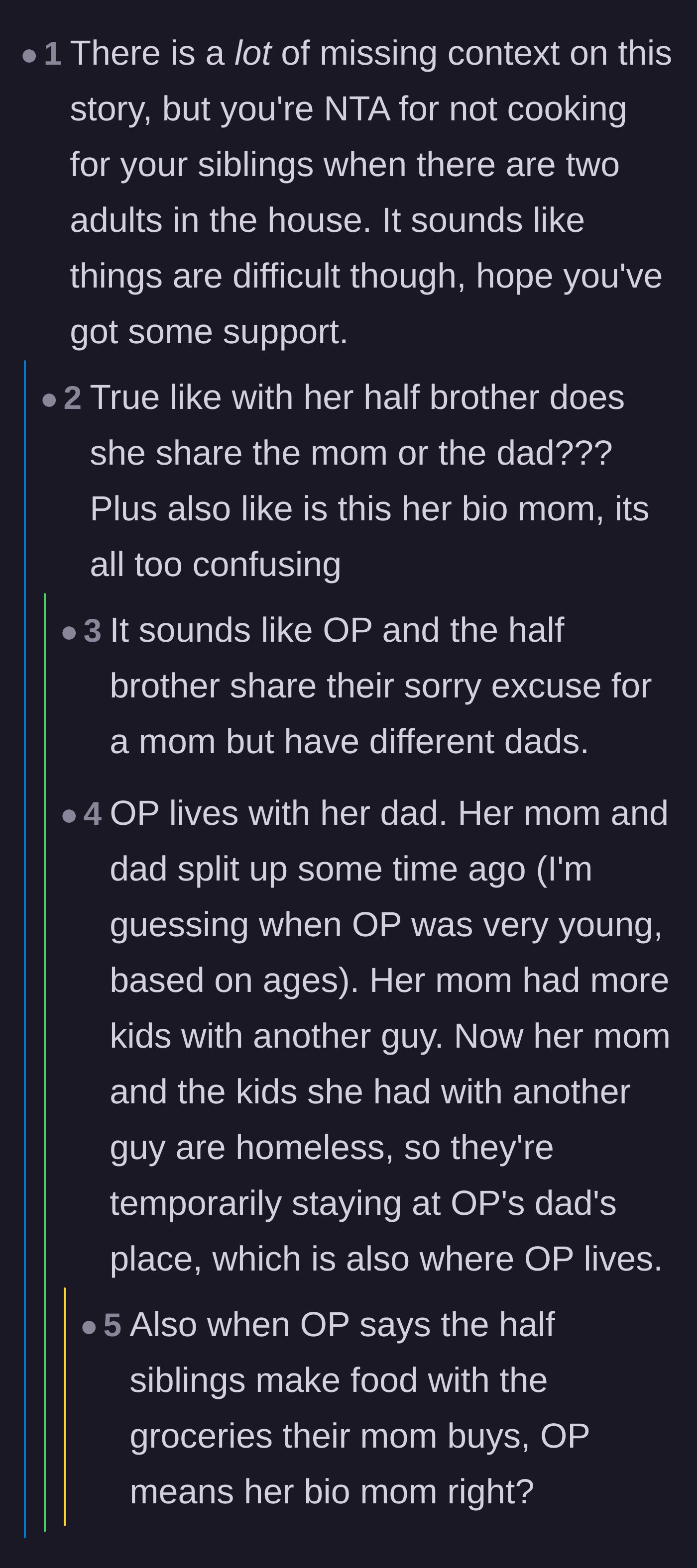 Comment thread 2 - A discussion clarifying the messy family dynamics, noting that the homeless mother and half-siblings are staying at the dad's house.