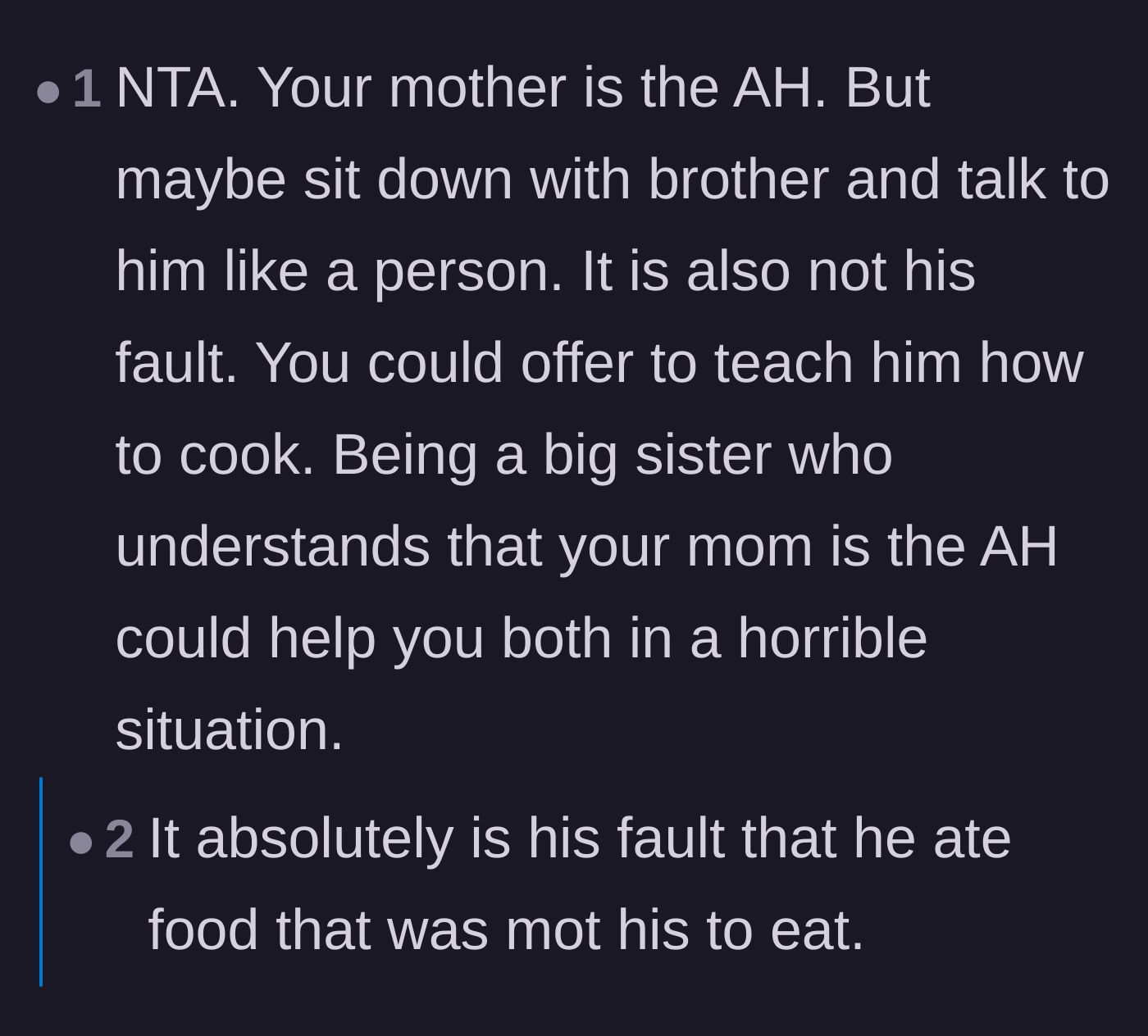 Comment thread 5 - A suggestion for the teenage girl to sit down with her half-brother and teach him to cook as a way to bond.