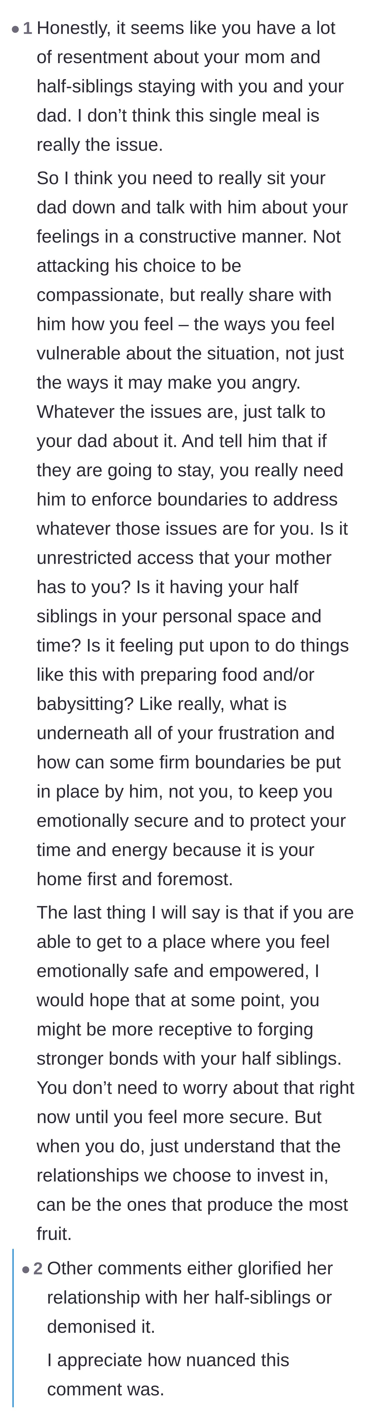 Comment thread 6 - A highly praised, nuanced comment advising the teenager to discuss her deeper resentment and emotional boundaries with her father.