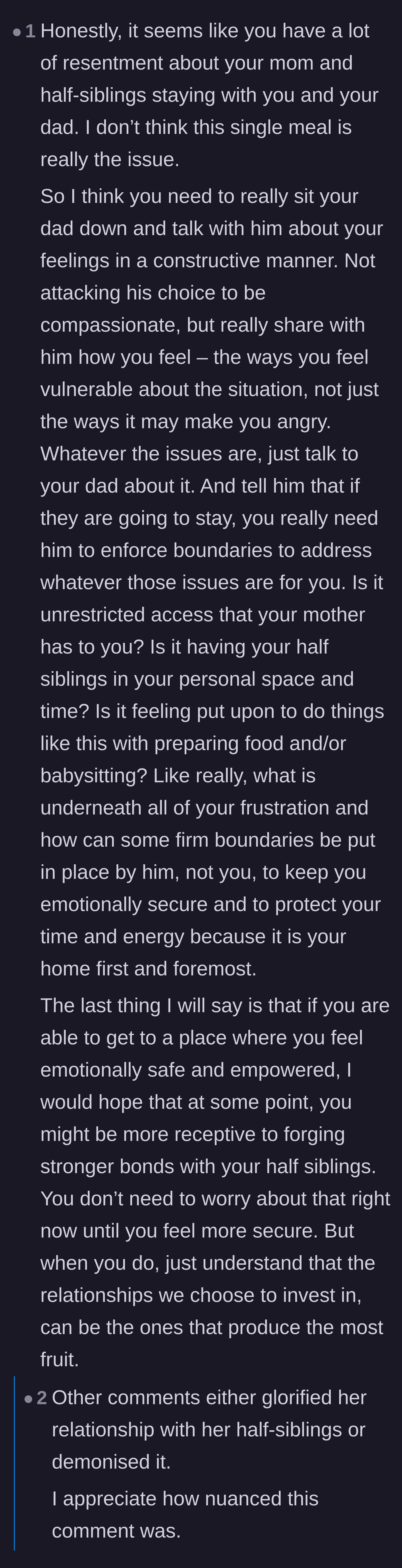 Comment thread 6 - A highly praised, nuanced comment advising the teenager to discuss her deeper resentment and emotional boundaries with her father.