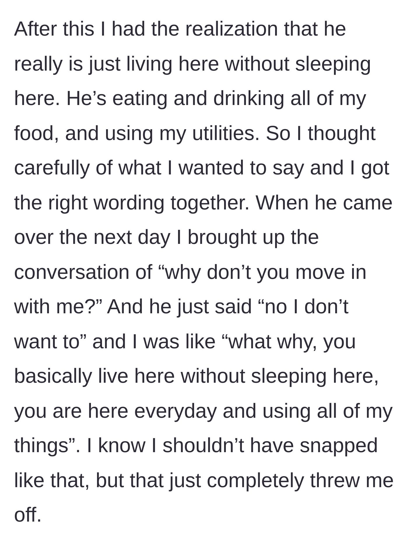 Story part 5 - The main character confronting her boyfriend and asking him to officially move in.