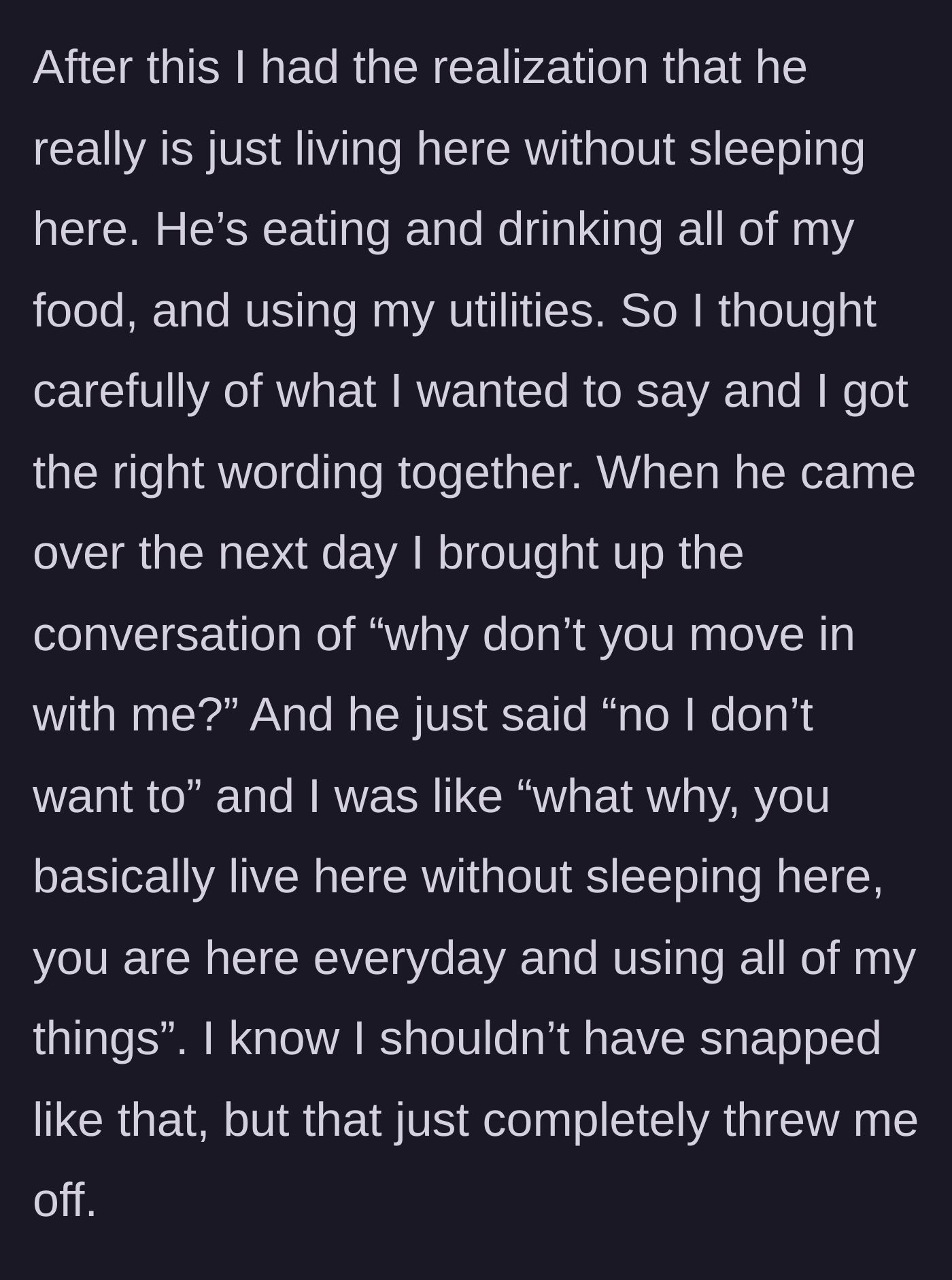 Story part 5 - The main character confronting her boyfriend and asking him to officially move in.