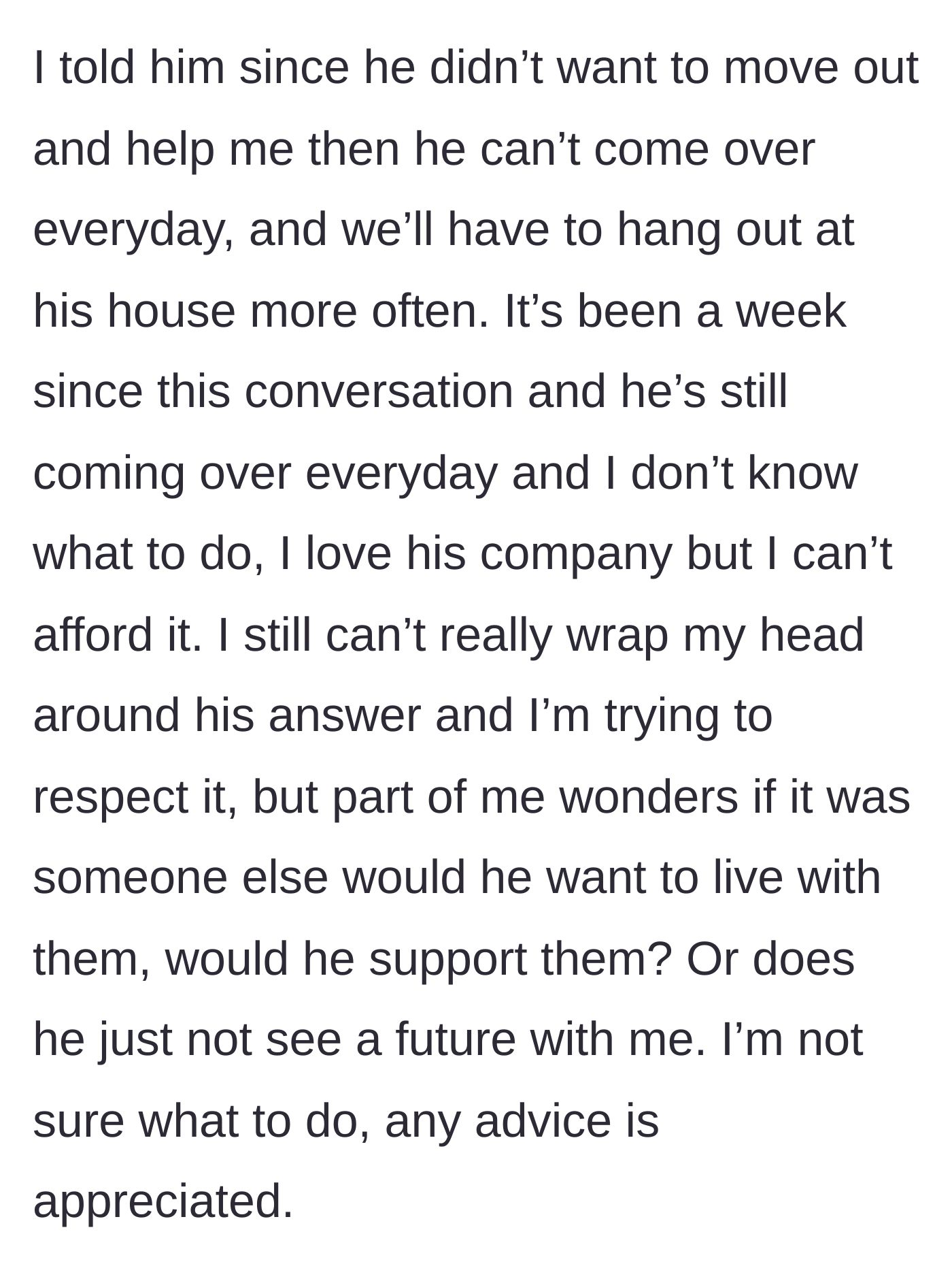 Story part 7 - The main character setting a boundary that he ignores by showing up every day anyway.