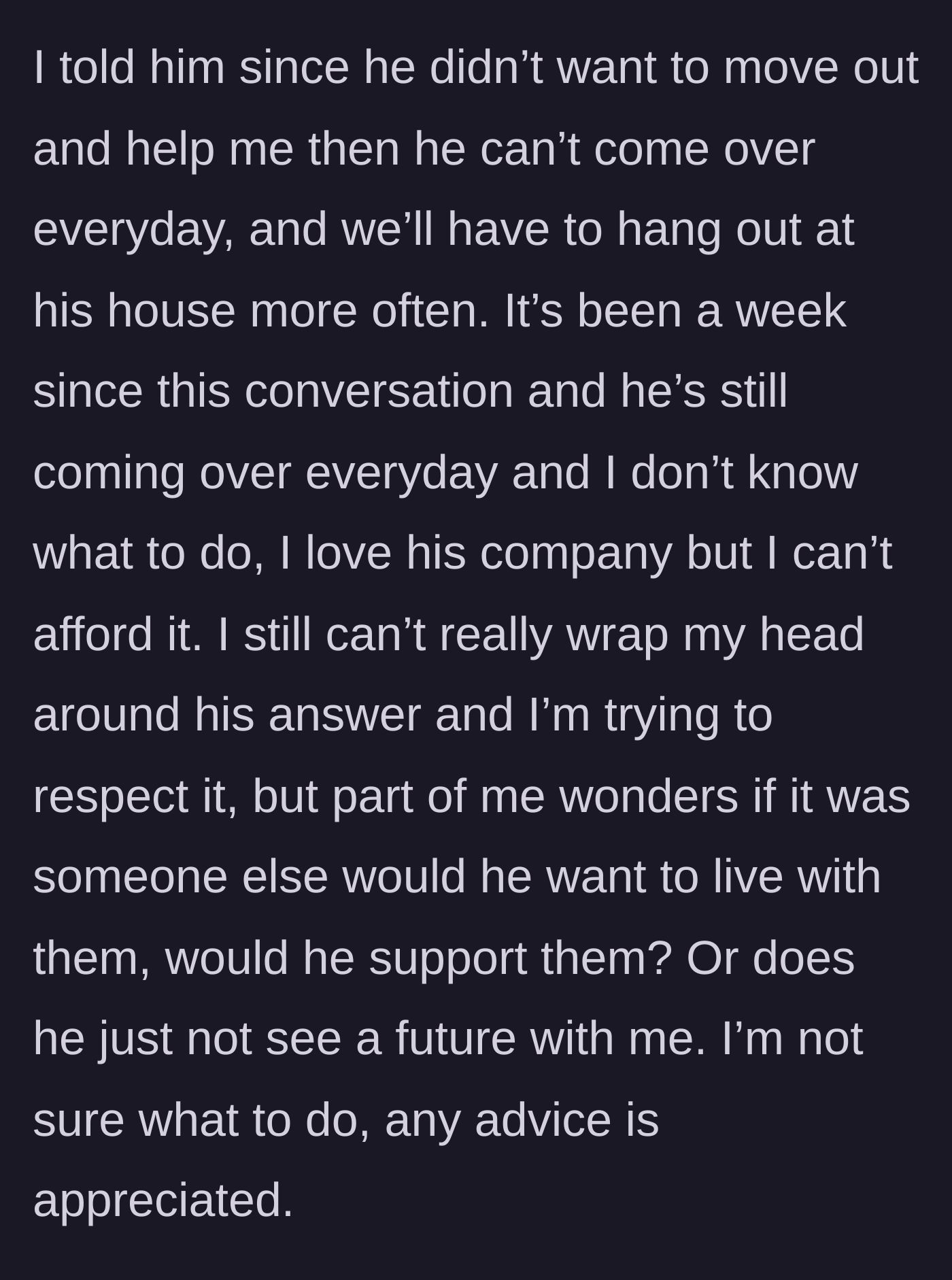 Story part 7 - The main character setting a boundary that he ignores by showing up every day anyway.