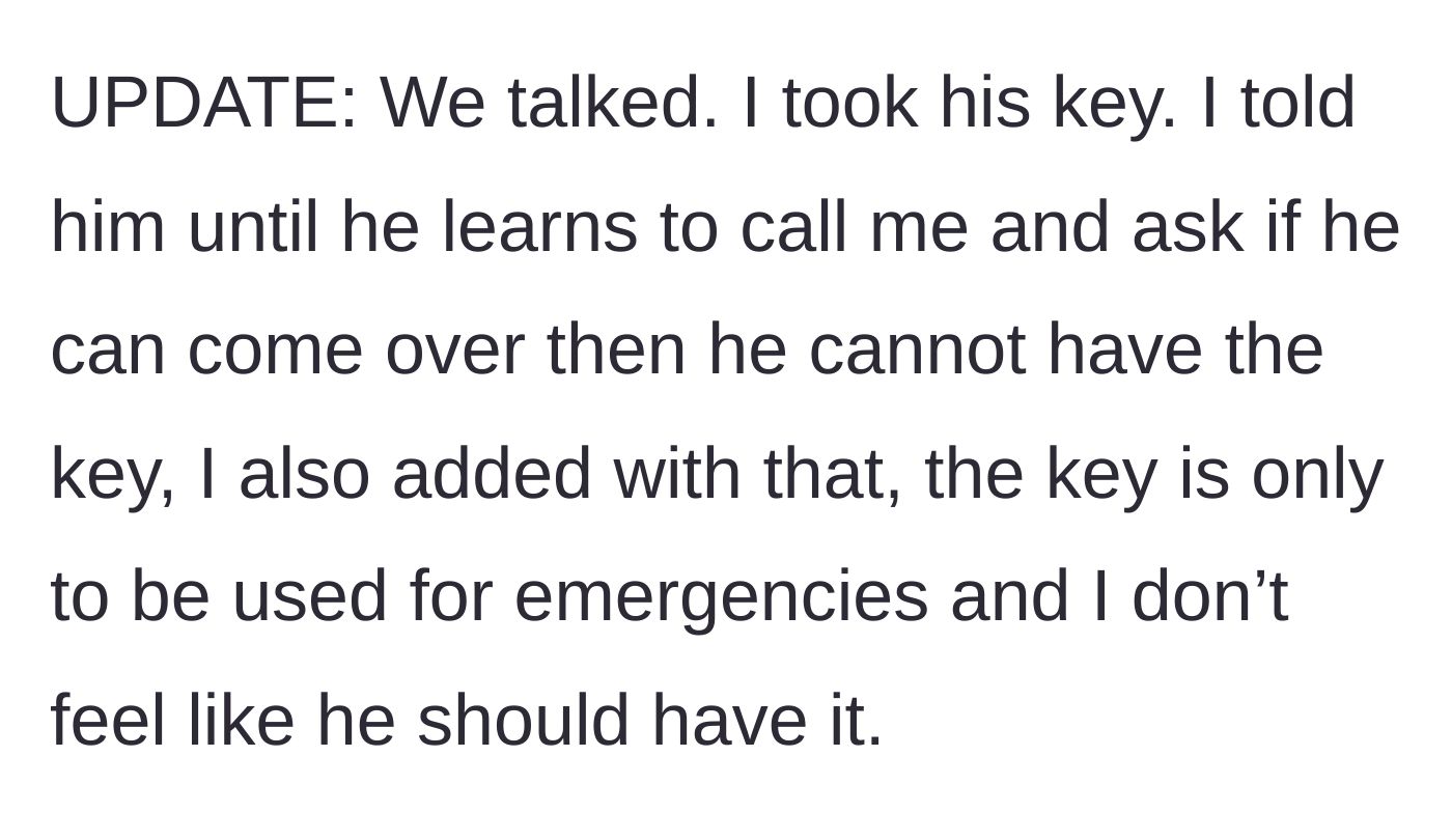 Story part 9 - An update where she repossesses her apartment key and sets strict visitation rules.