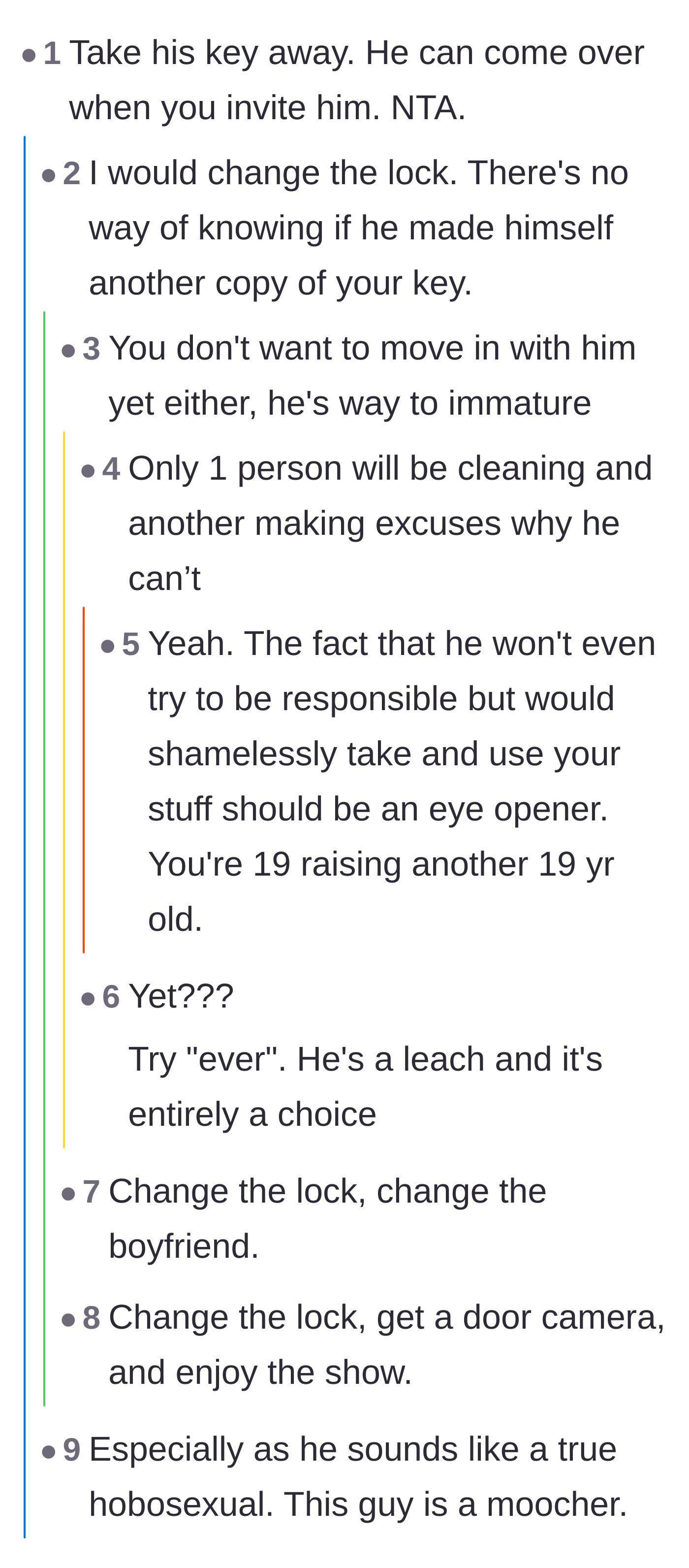 Comment thread 1 - Readers advising the main character to change her locks and calling out the boyfriend's calculated laziness.
