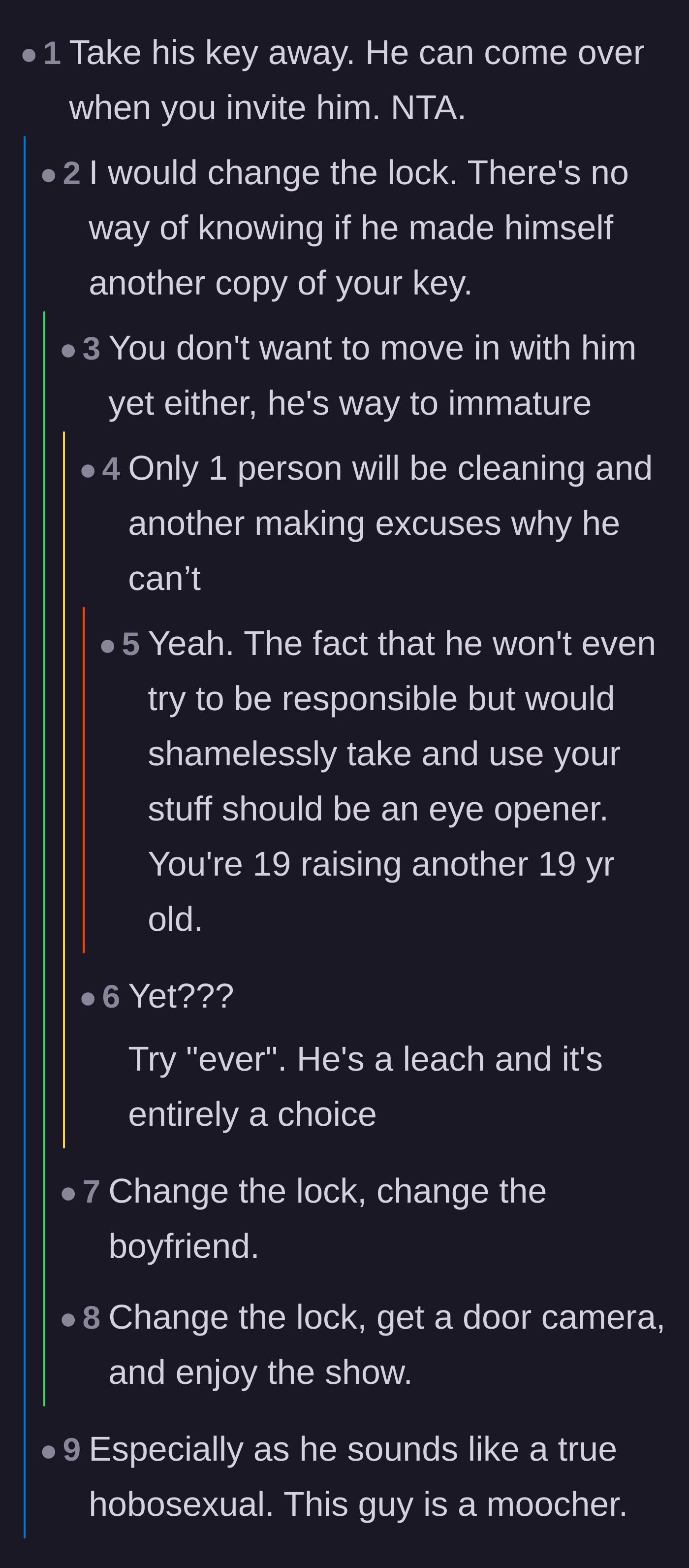 Comment thread 1 - Readers advising the main character to change her locks and calling out the boyfriend's calculated laziness.