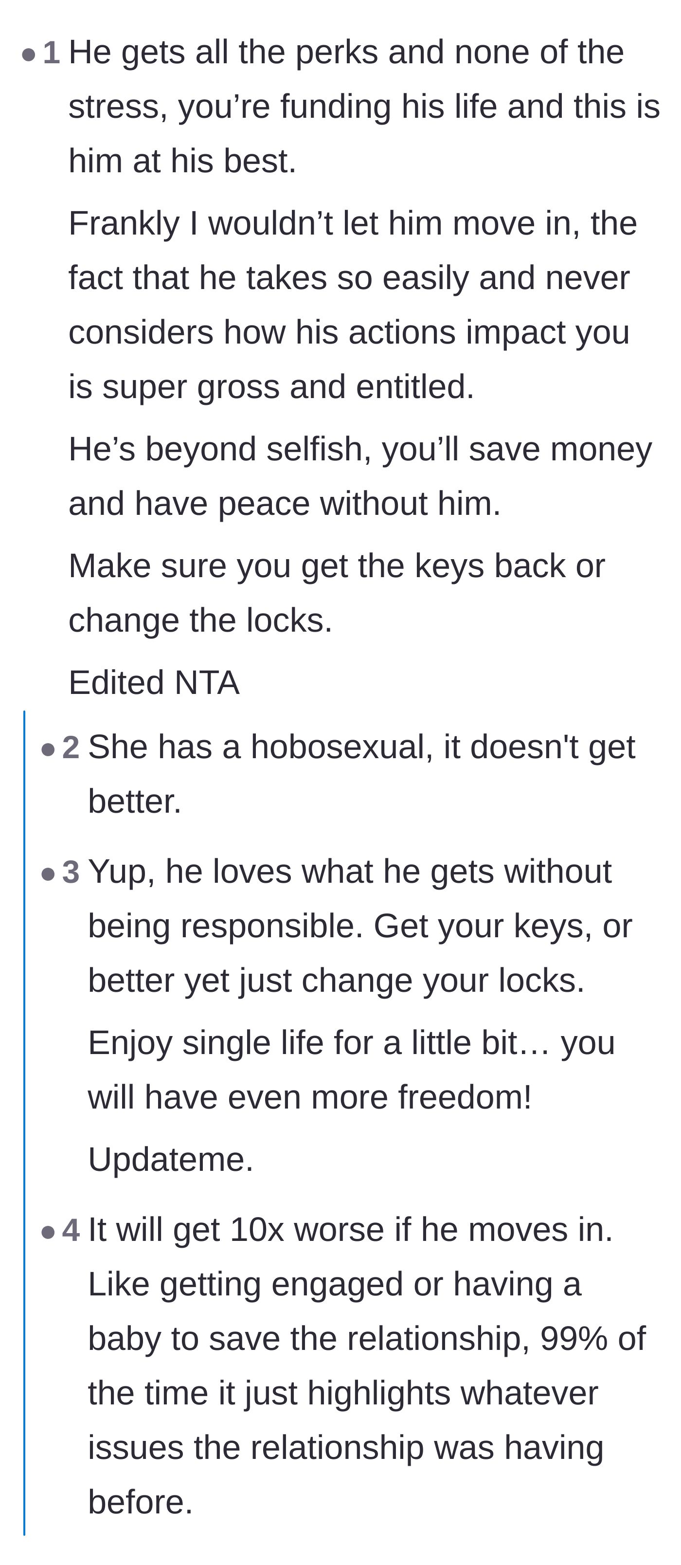 Comment thread 2 - A debate over whether the boyfriend qualifies as a moocher, a parasite, or a full-blown hobosexual.