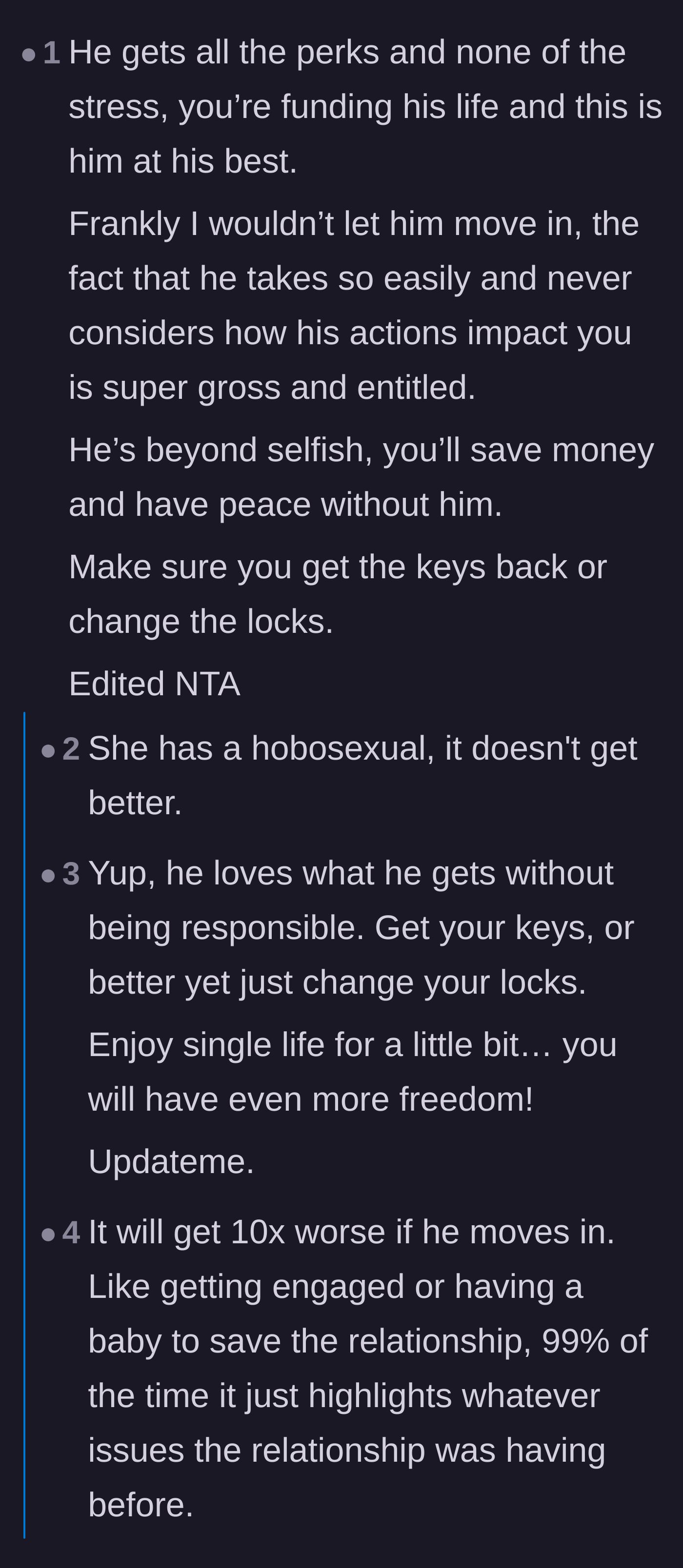 Comment thread 2 - A debate over whether the boyfriend qualifies as a moocher, a parasite, or a full-blown hobosexual.