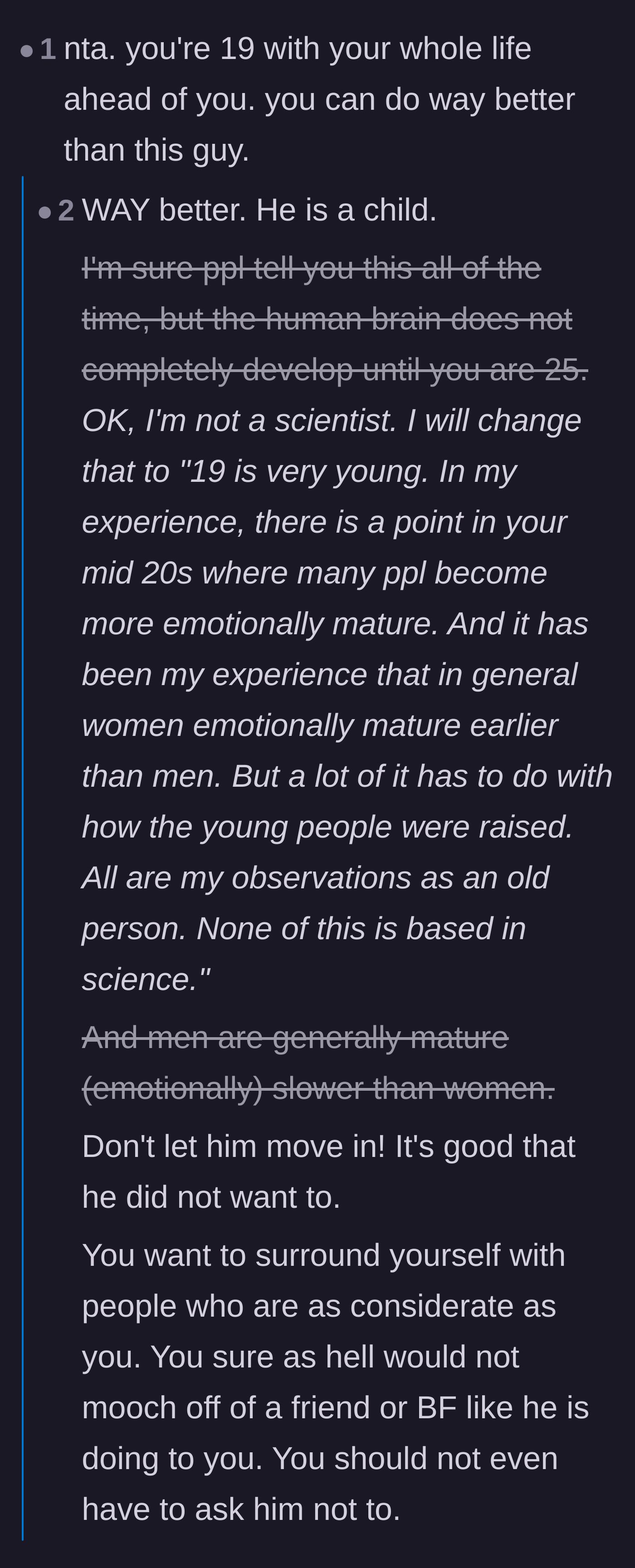 Comment thread 3 - Commenters discussing age, emotional maturity, and the often-cited 25-year-old brain development theory.