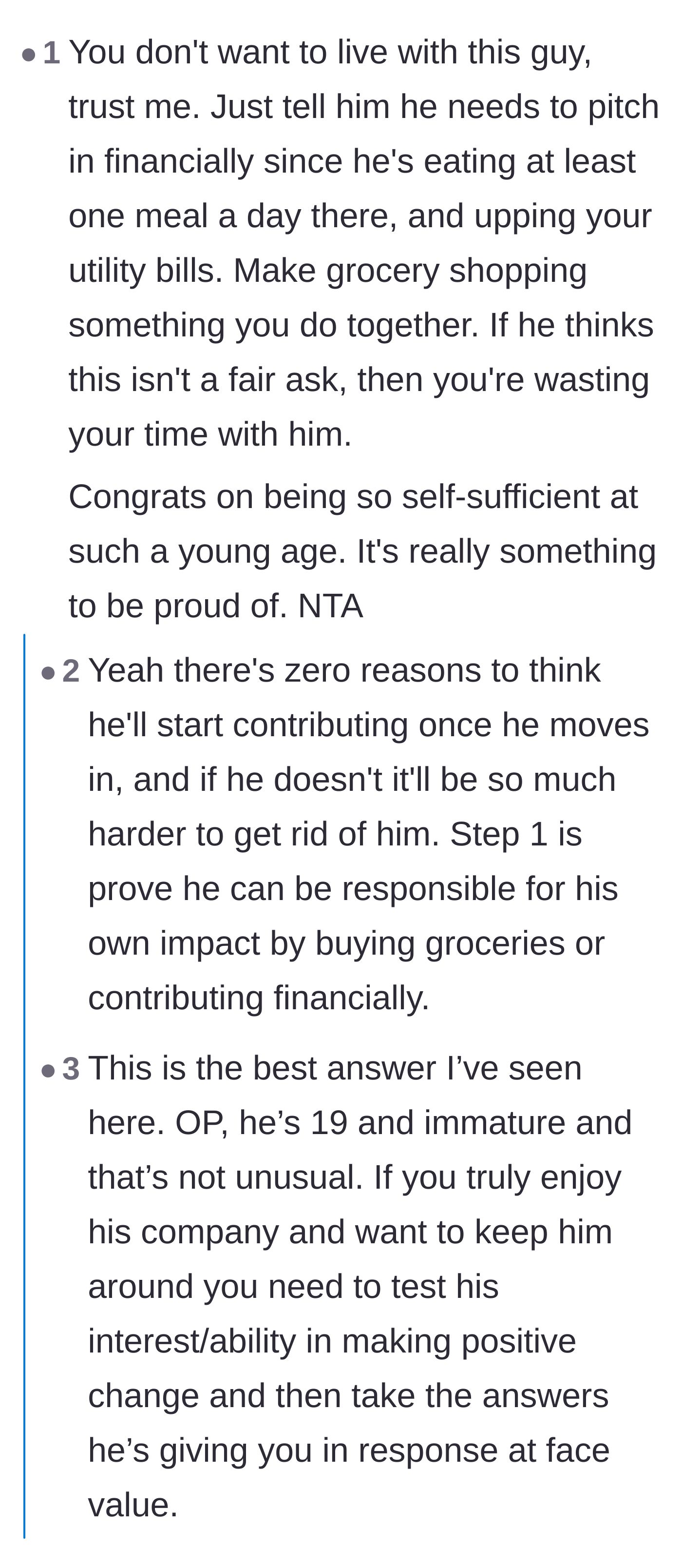 Comment thread 4 - Practical advice suggesting the boyfriend needs to prove he can contribute financially to groceries before anything else.