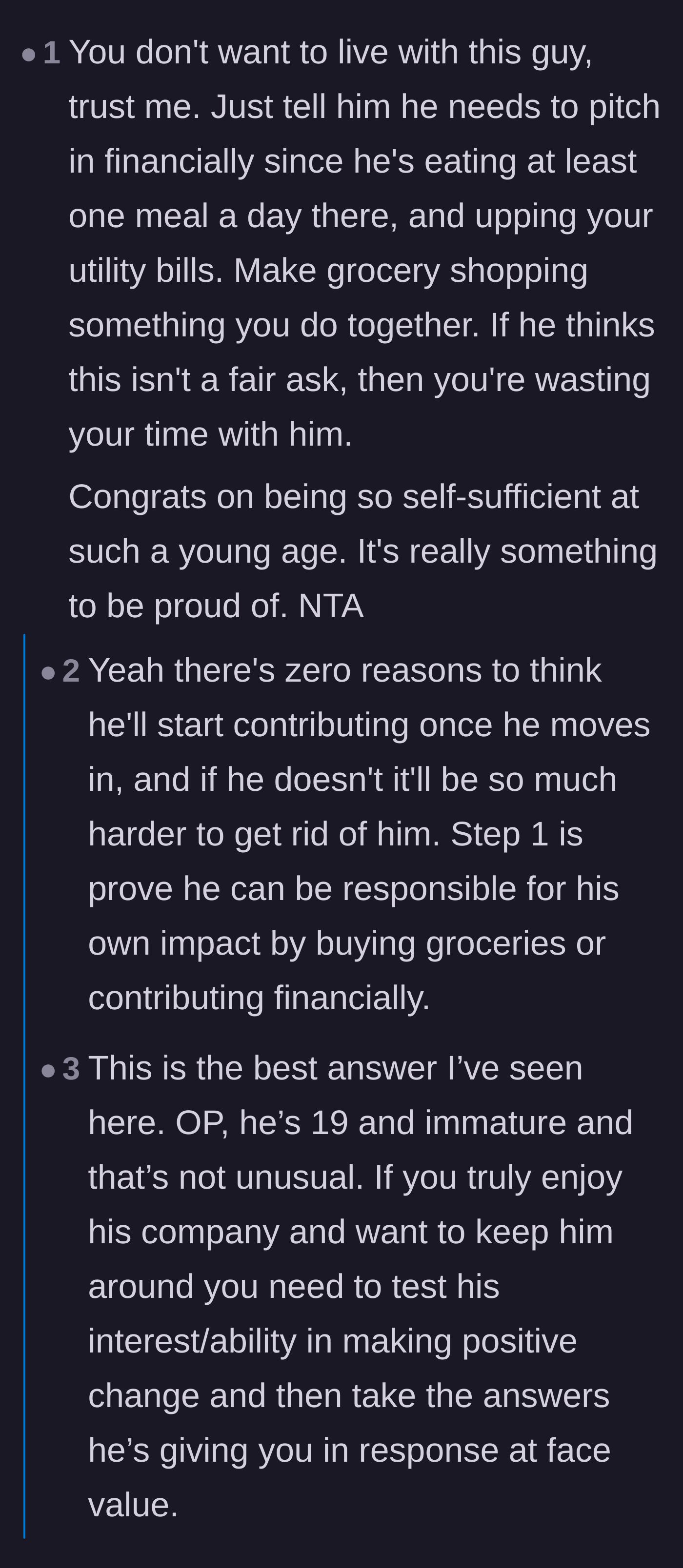 Comment thread 4 - Practical advice suggesting the boyfriend needs to prove he can contribute financially to groceries before anything else.