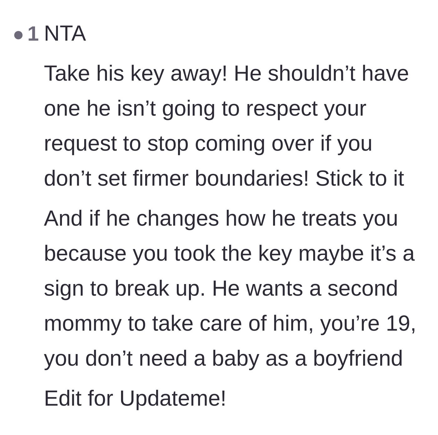 Comment thread 5 - Demanding she confiscate the key and warning that his reaction will reveal his true character.