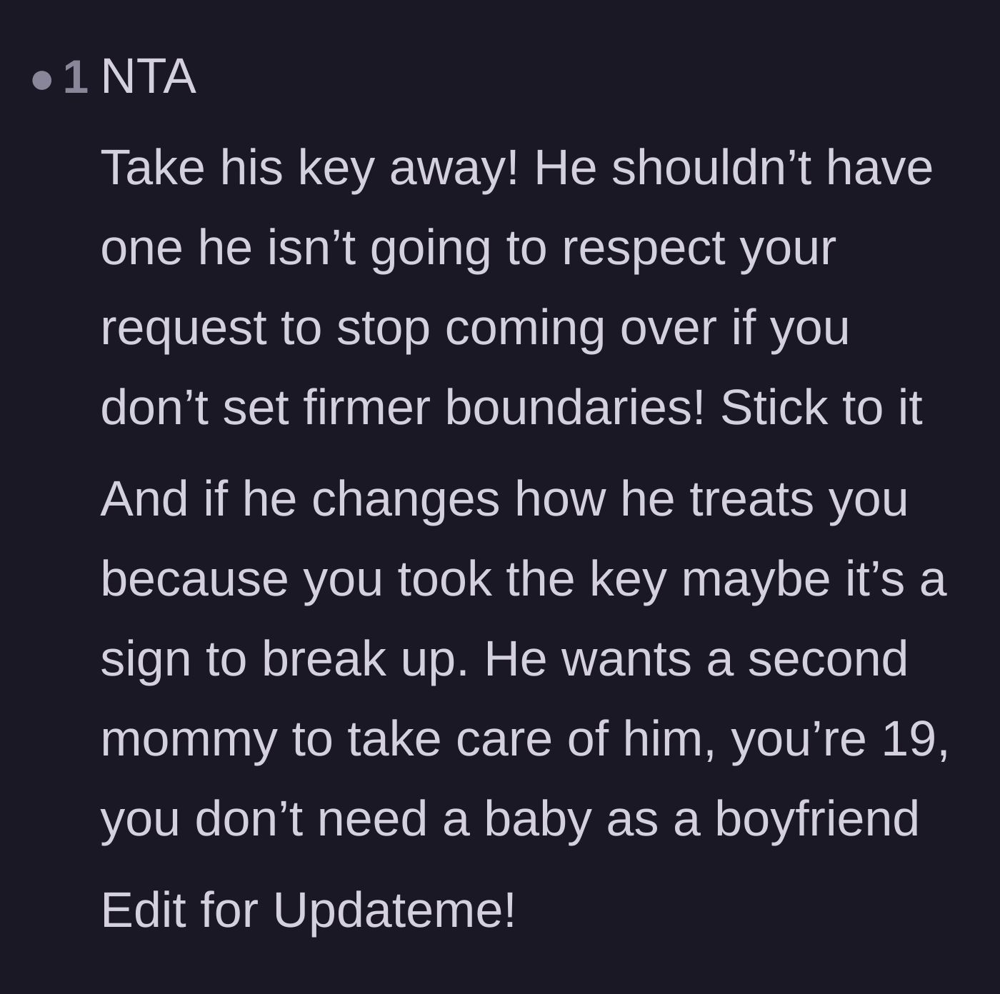 Comment thread 5 - Demanding she confiscate the key and warning that his reaction will reveal his true character.