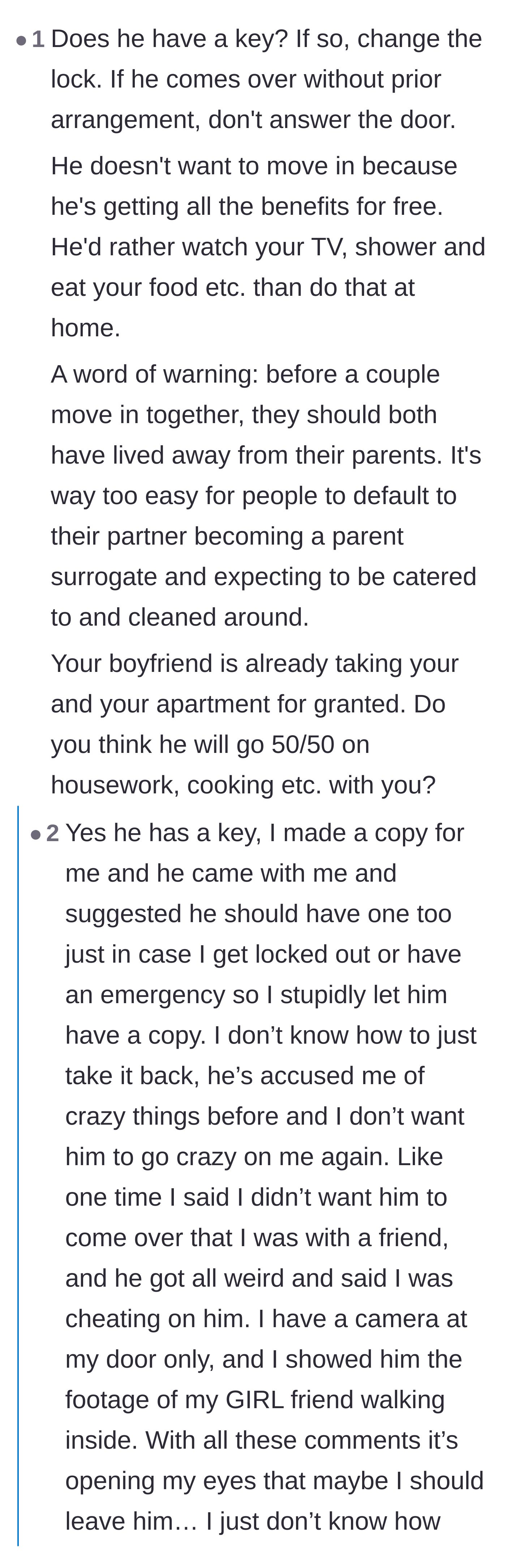 Comment thread 6 - The original poster reveals her boyfriend's controlling behavior and baseless cheating accusations, prompting urgent advice to leave him.