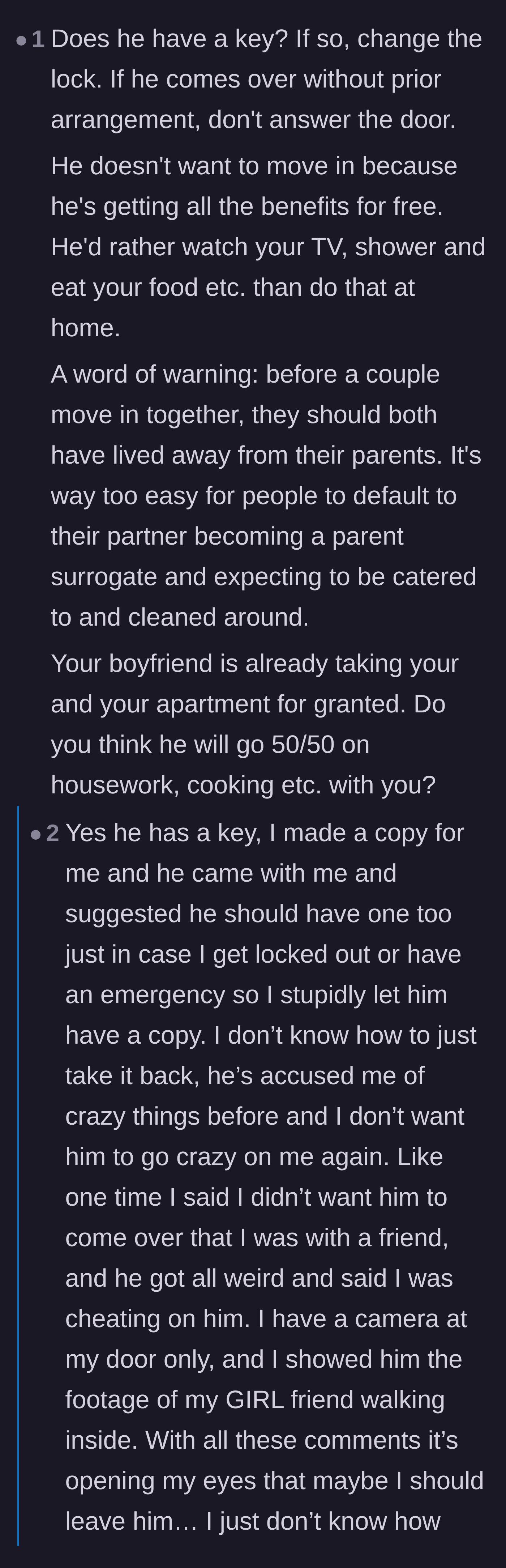 Comment thread 6 - The original poster reveals her boyfriend's controlling behavior and baseless cheating accusations, prompting urgent advice to leave him.
