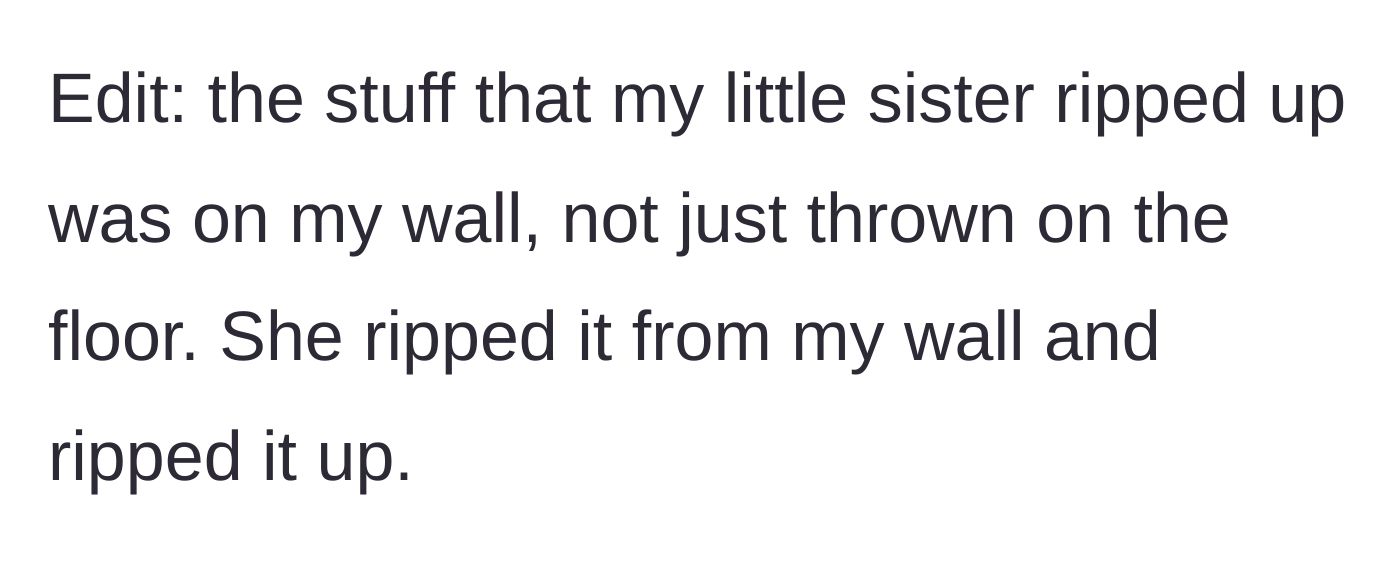 Story part 6 - An update clarifies that the younger sister intentionally ripped the sentimental letter directly off the wall to destroy it.
