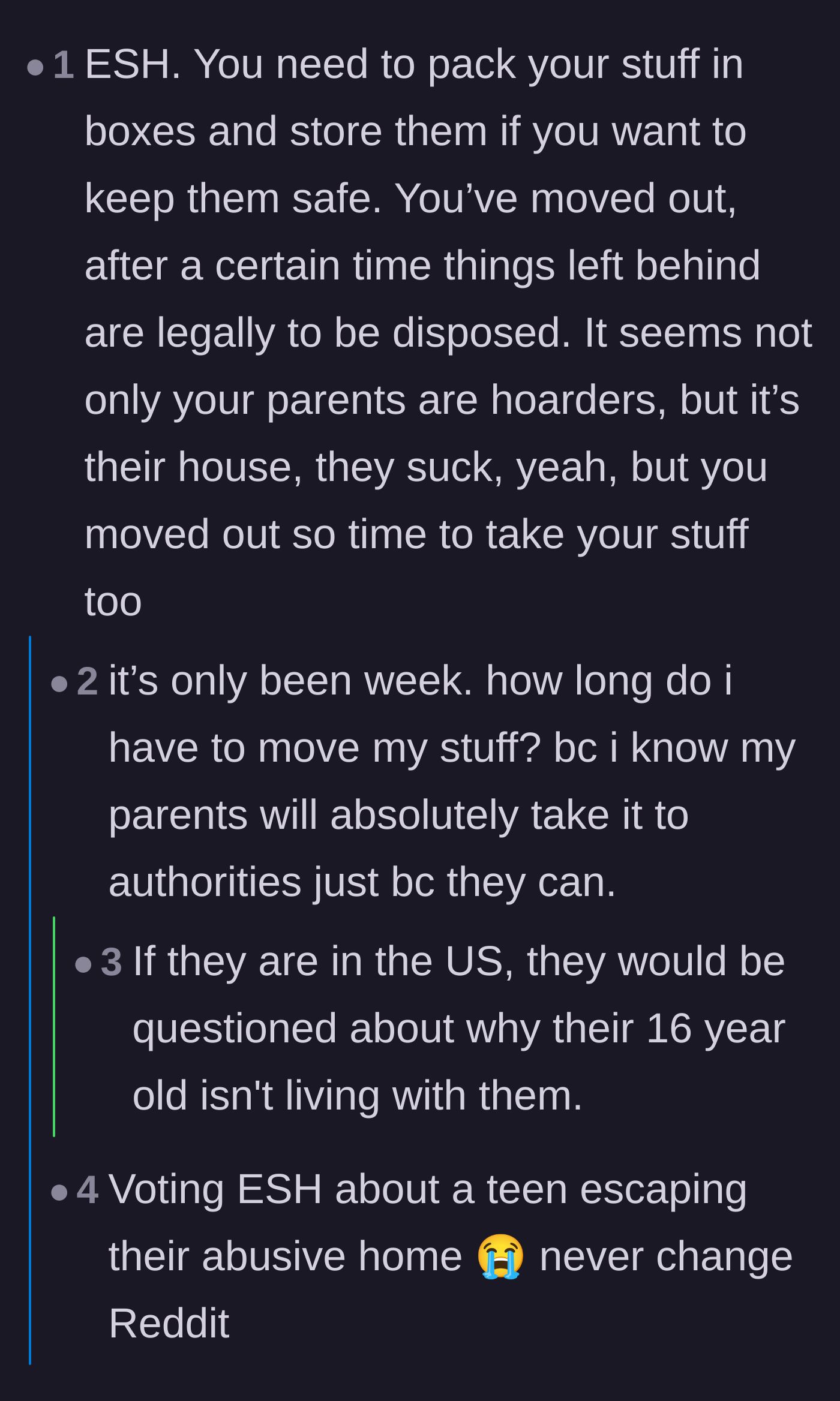 Comment thread 2 - Debating the reality of a teenager moving out and leaving belongings behind