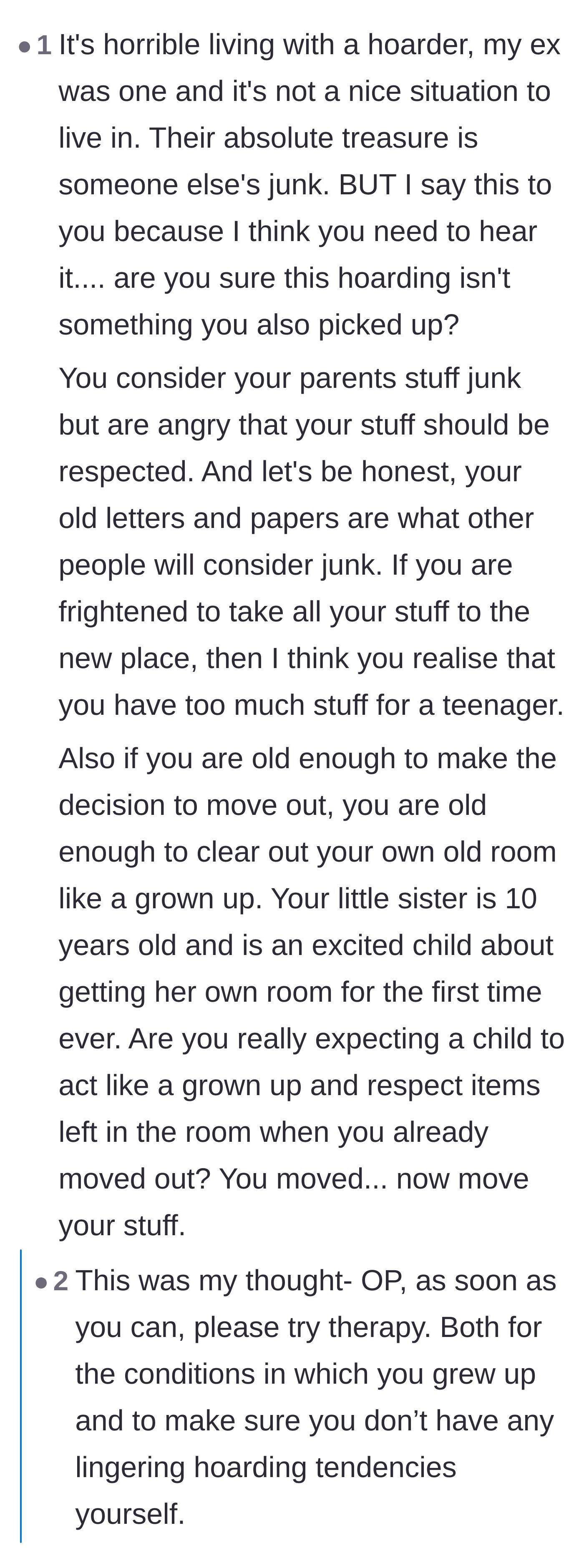 Comment thread 3 - Discussing inherited hoarding tendencies and the need for therapy