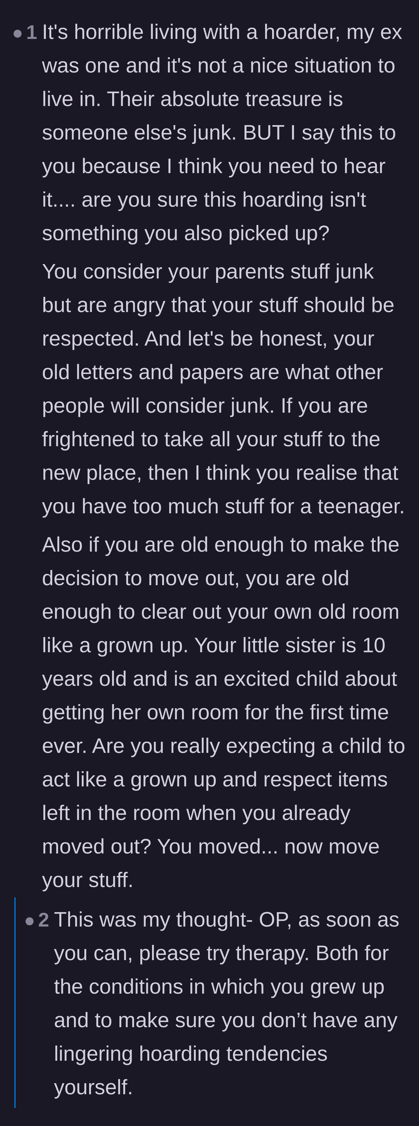 Comment thread 3 - Discussing inherited hoarding tendencies and the need for therapy