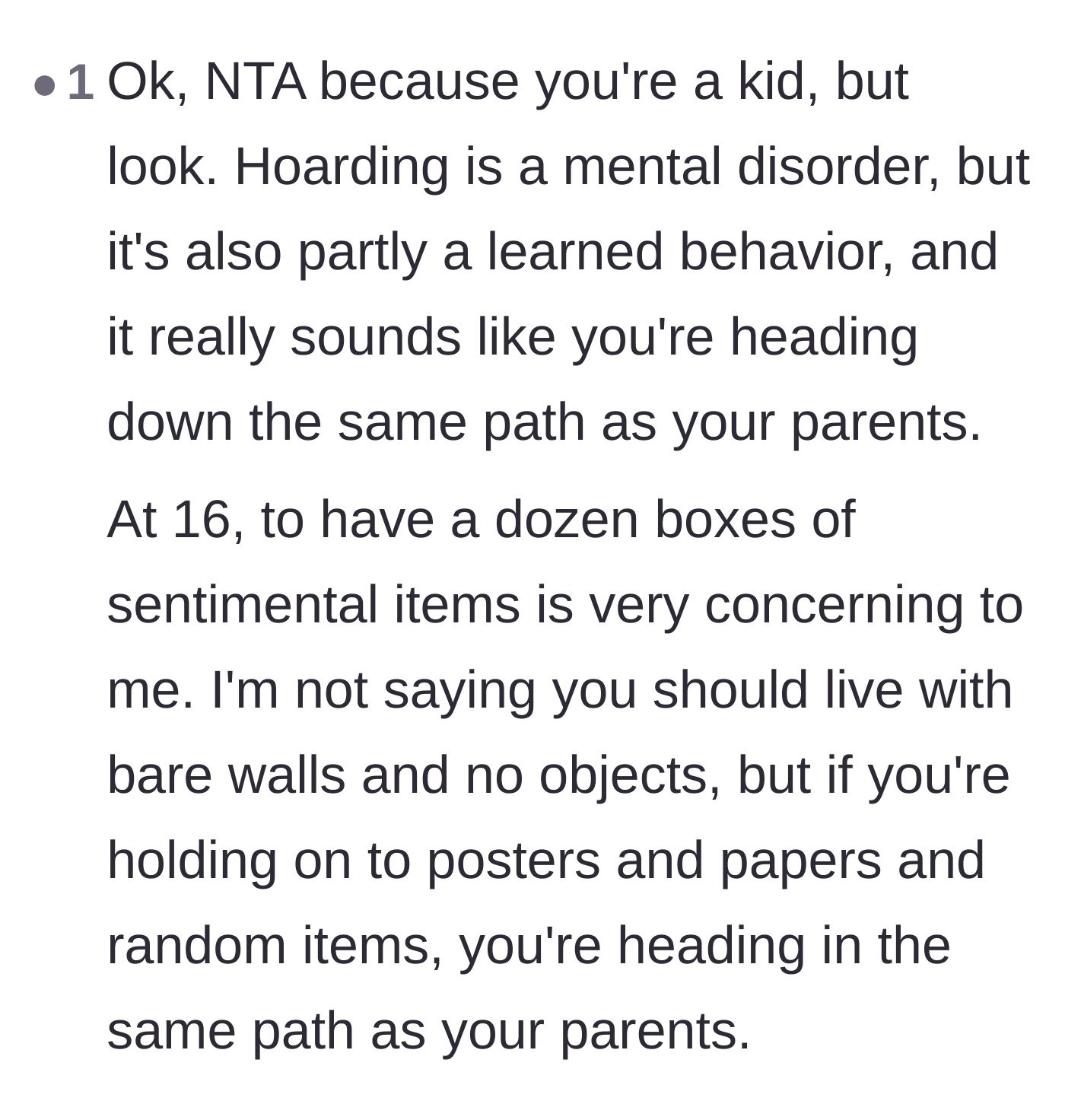 Comment thread 5 - Explaining how hoarding can be a learned behavior in children