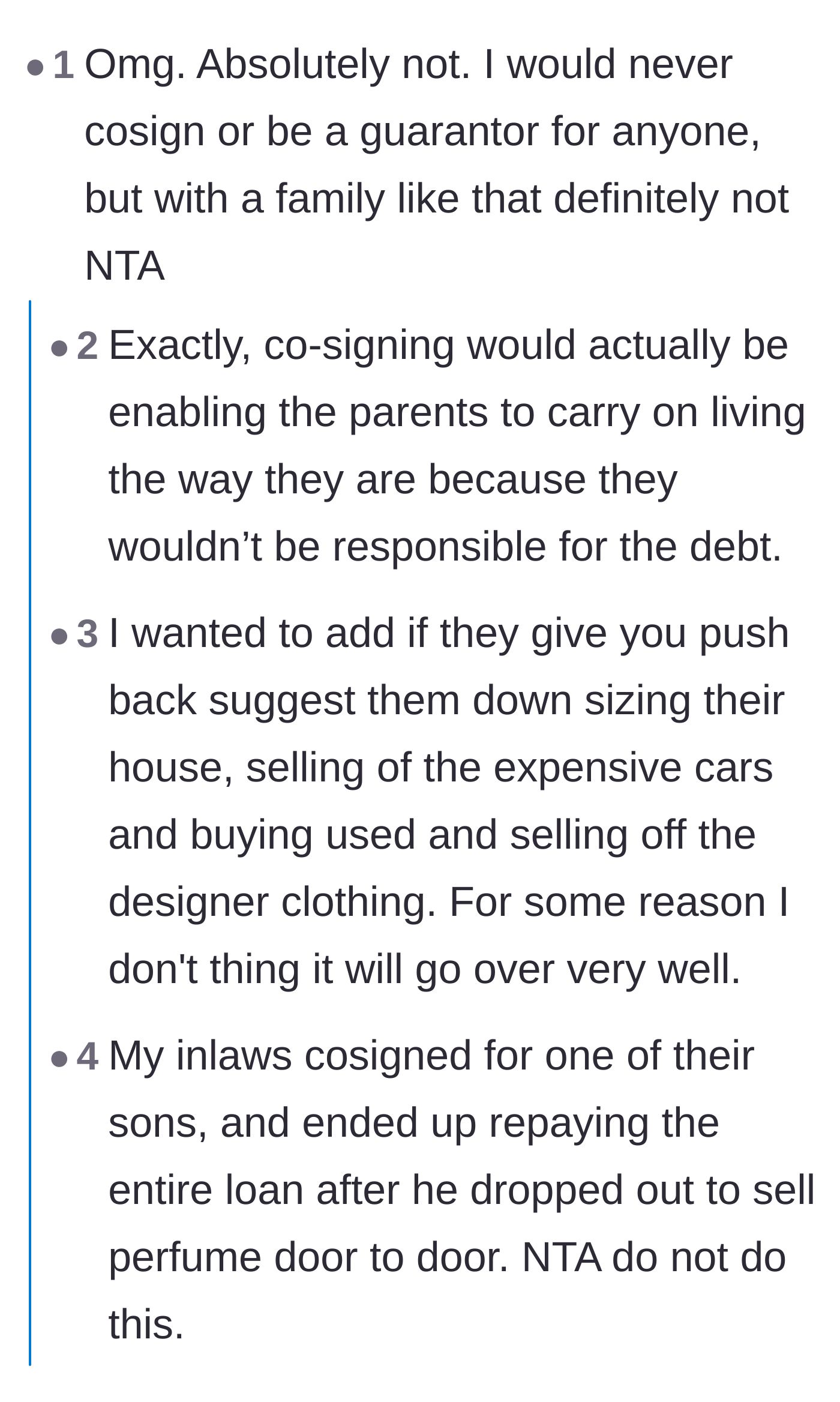 Comment thread 1 - Discussing how co-signing simply enables the parents' terrible financial habits and suggesting they sell their luxury items instead.