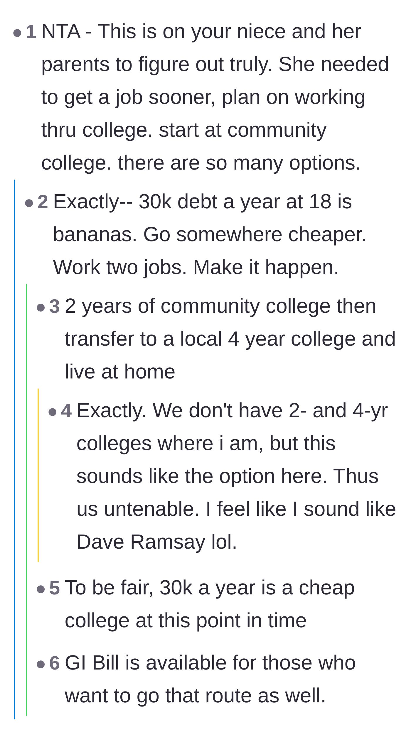Comment thread 2 - Debating the absurdity of taking on $30,000 in annual debt at eighteen and suggesting community college as a logical alternative.