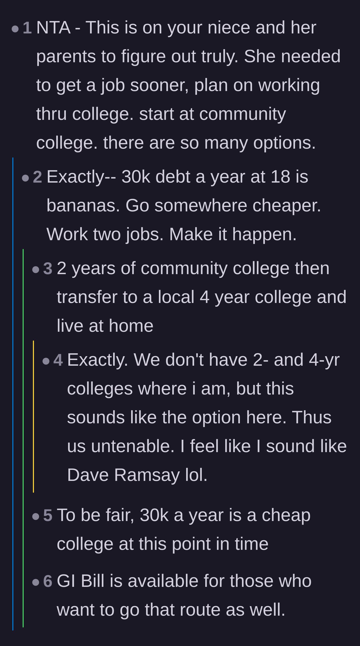 Comment thread 2 - Debating the absurdity of taking on $30,000 in annual debt at eighteen and suggesting community college as a logical alternative.
