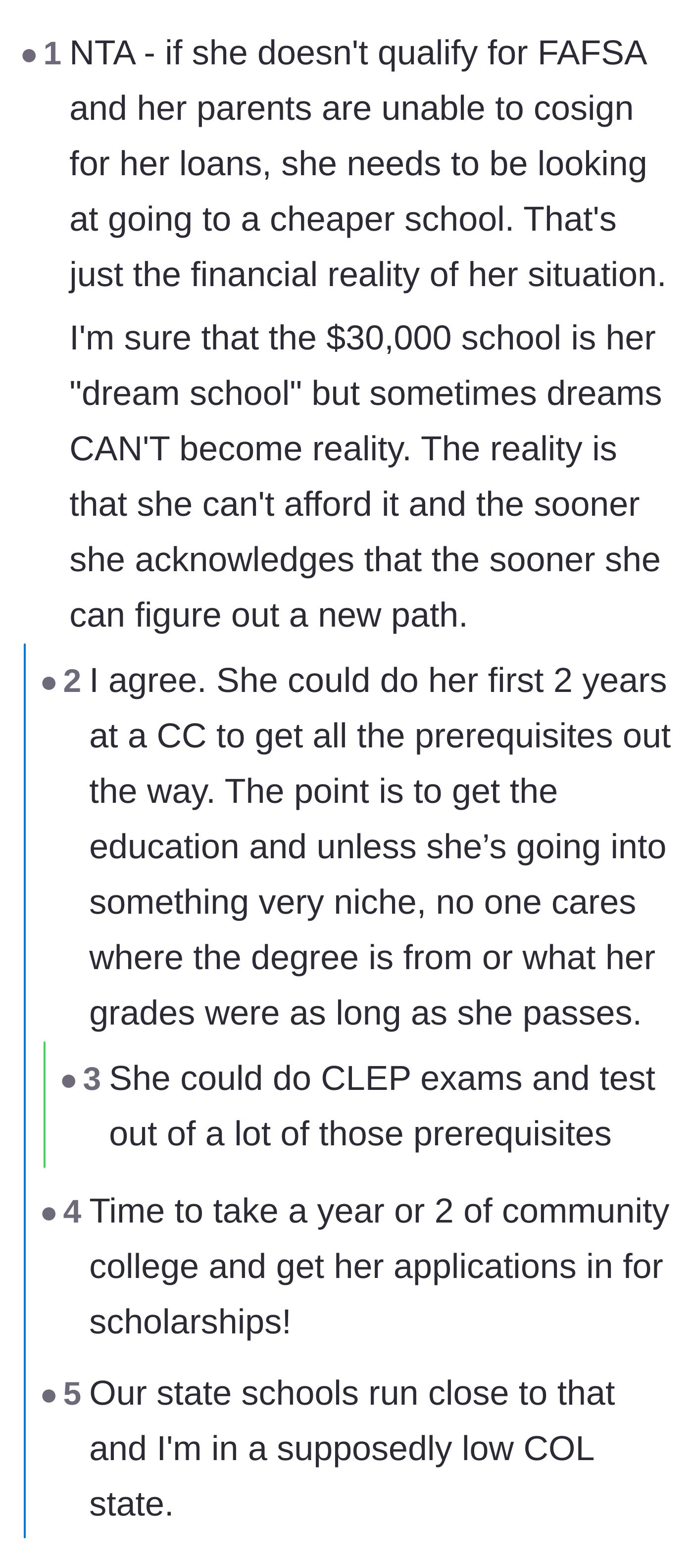 Comment thread 3 - Addressing the harsh truth that the niece's dream school is simply out of her budget.