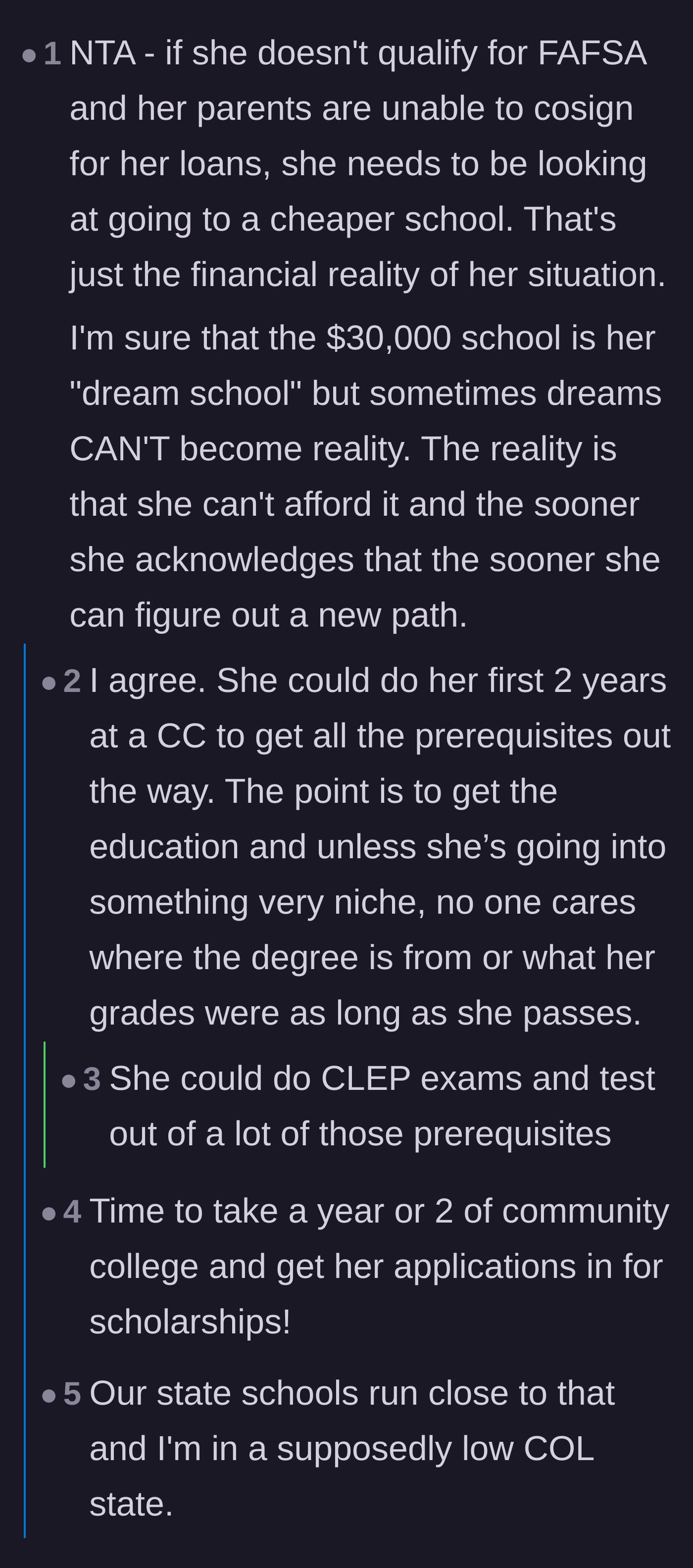 Comment thread 3 - Addressing the harsh truth that the niece's dream school is simply out of her budget.