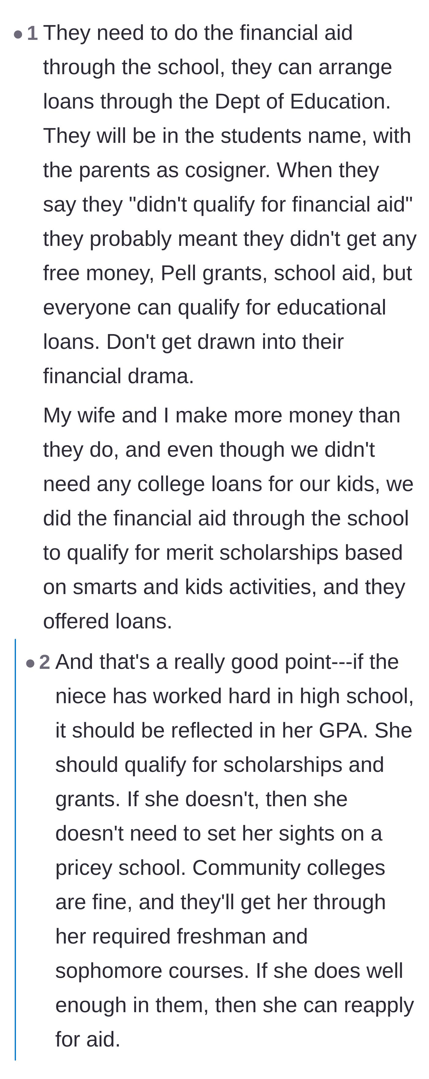 Comment thread 5 - Explaining the mechanics of federal student aid and pointing out that the parents likely just got denied free money or PLUS loans.