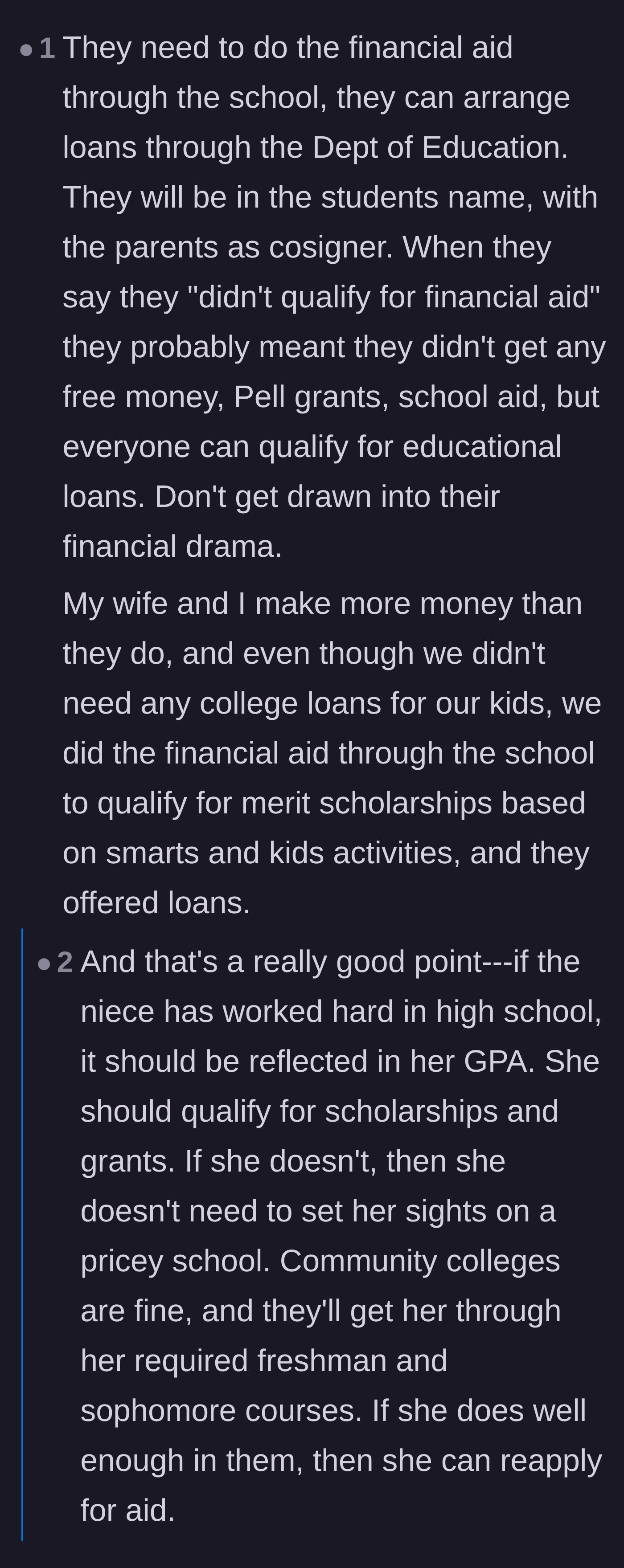 Comment thread 5 - Explaining the mechanics of federal student aid and pointing out that the parents likely just got denied free money or PLUS loans.