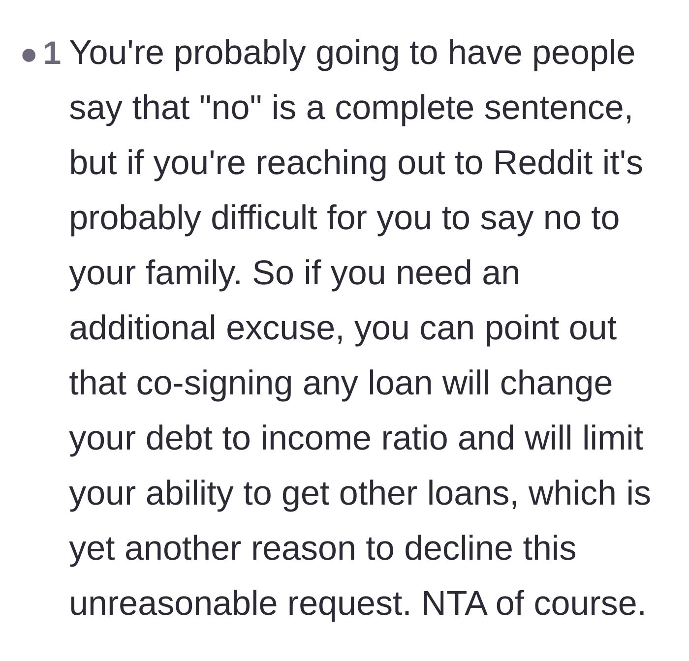 Comment thread 6 - Offering the practical excuse that co-signing would ruin the uncle's own debt-to-income ratio for future loans.