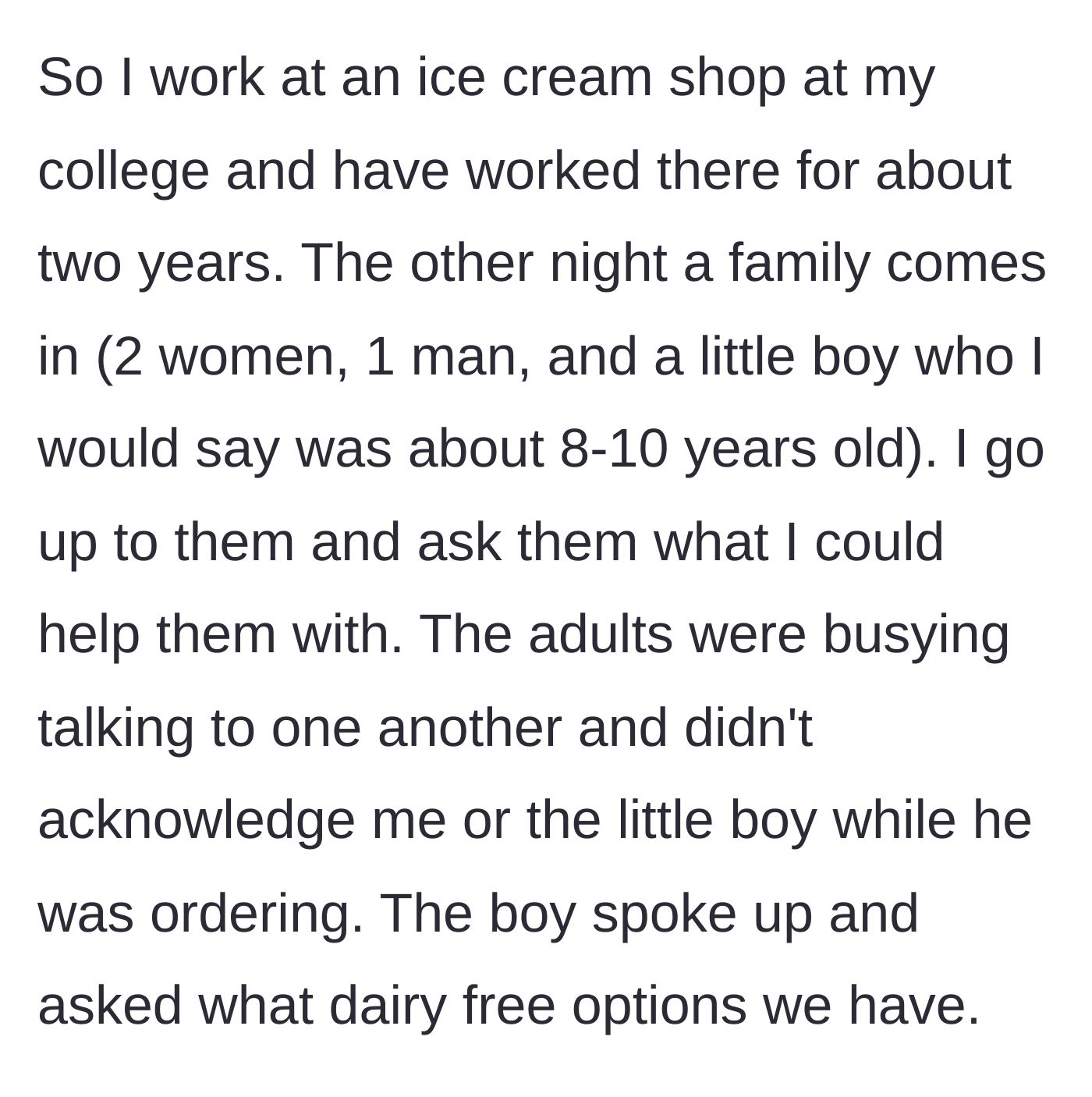 Story part 1 - Three adults ignore a young boy as he orders his own ice cream at a college shop.