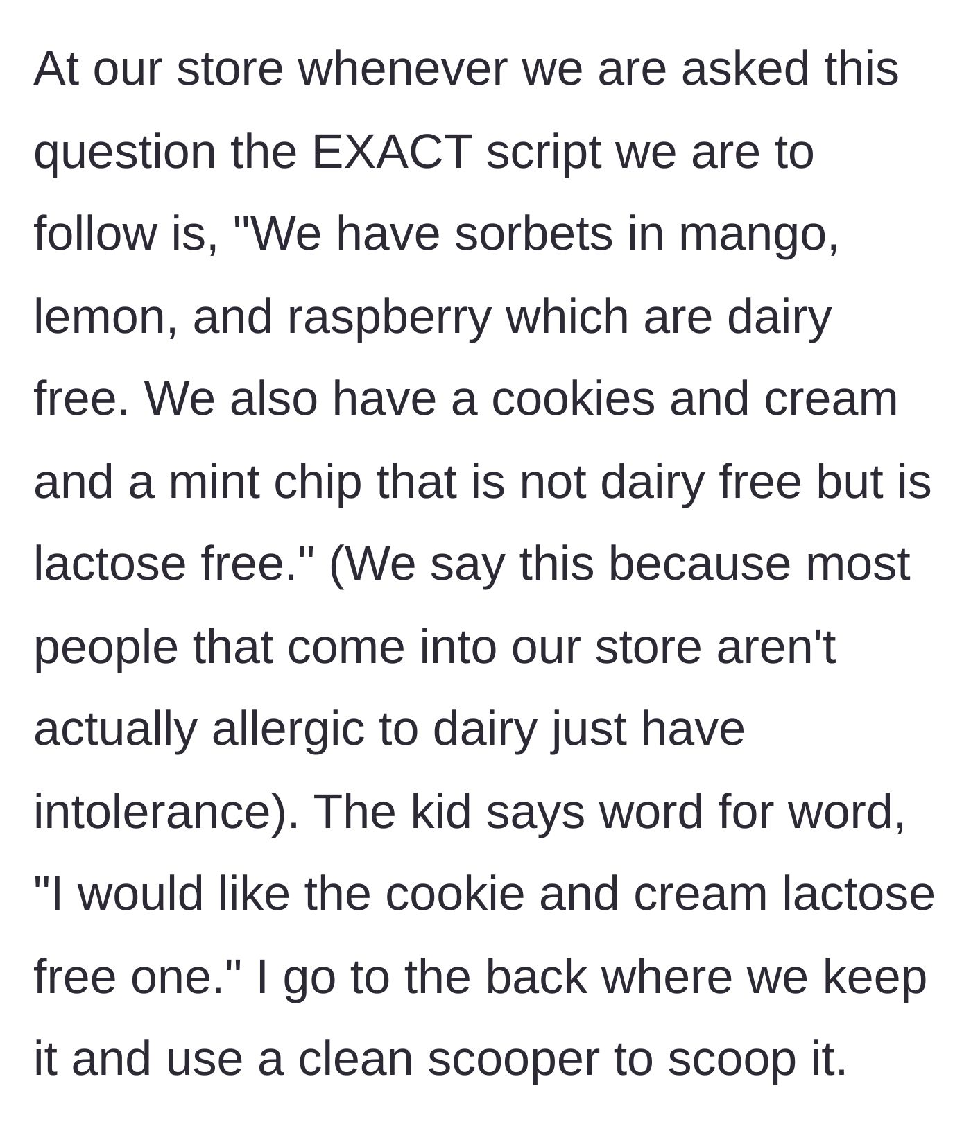 Story part 2 - The worker recites the store's exact allergen script, and the boy orders a lactose-free flavor scooped with a clean utensil.