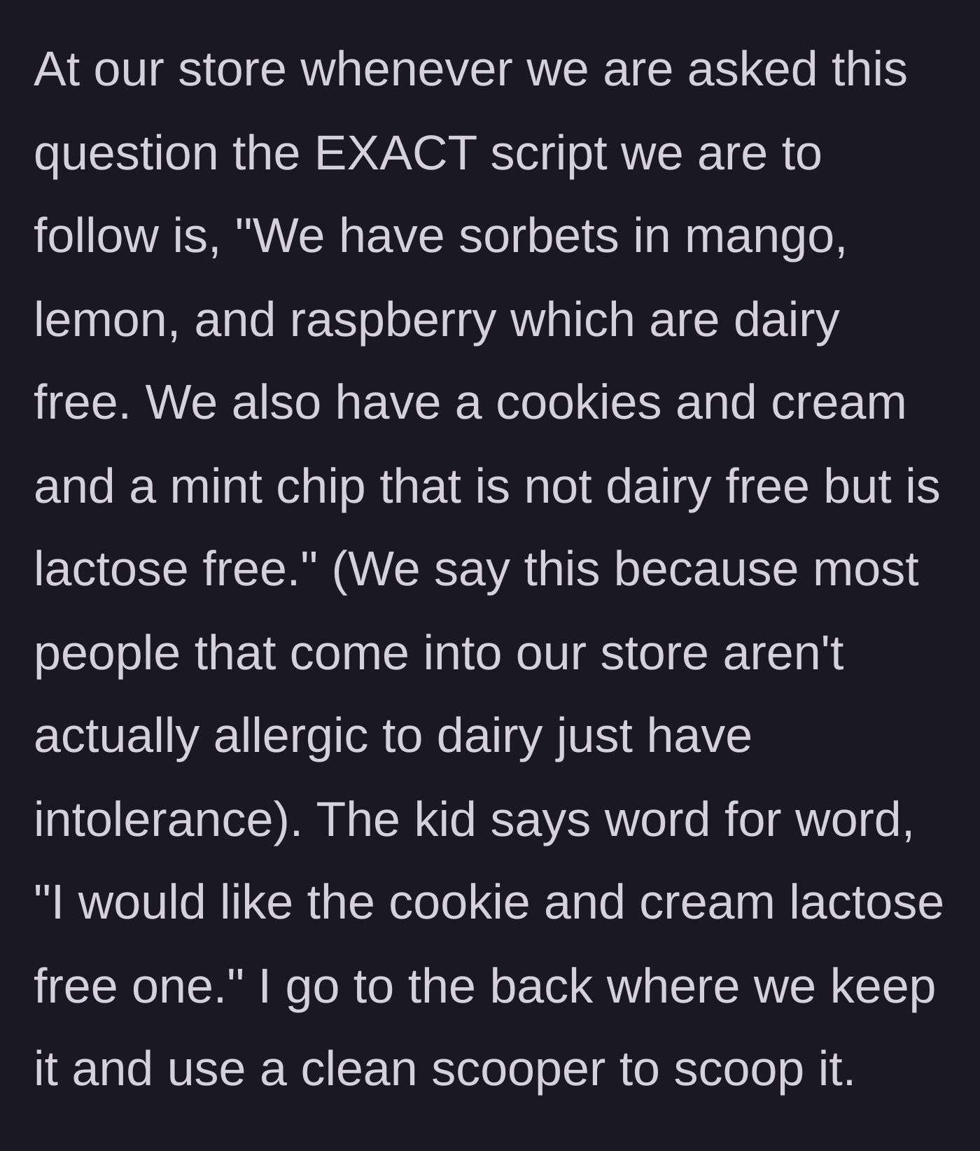 Story part 2 - The worker recites the store's exact allergen script, and the boy orders a lactose-free flavor scooped with a clean utensil.