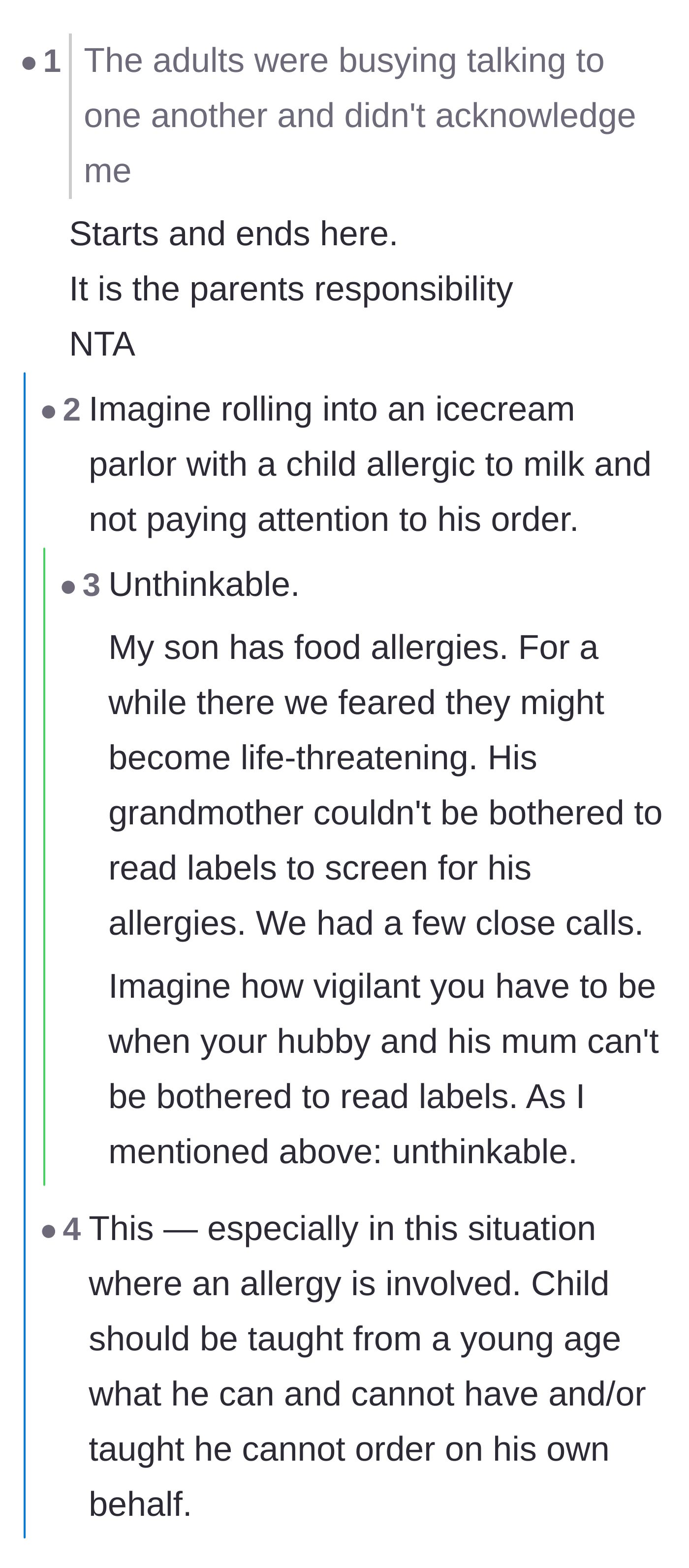 Comment thread 1 - Readers sharing disbelief and personal stories about the extreme vigilance required for children with food allergies.